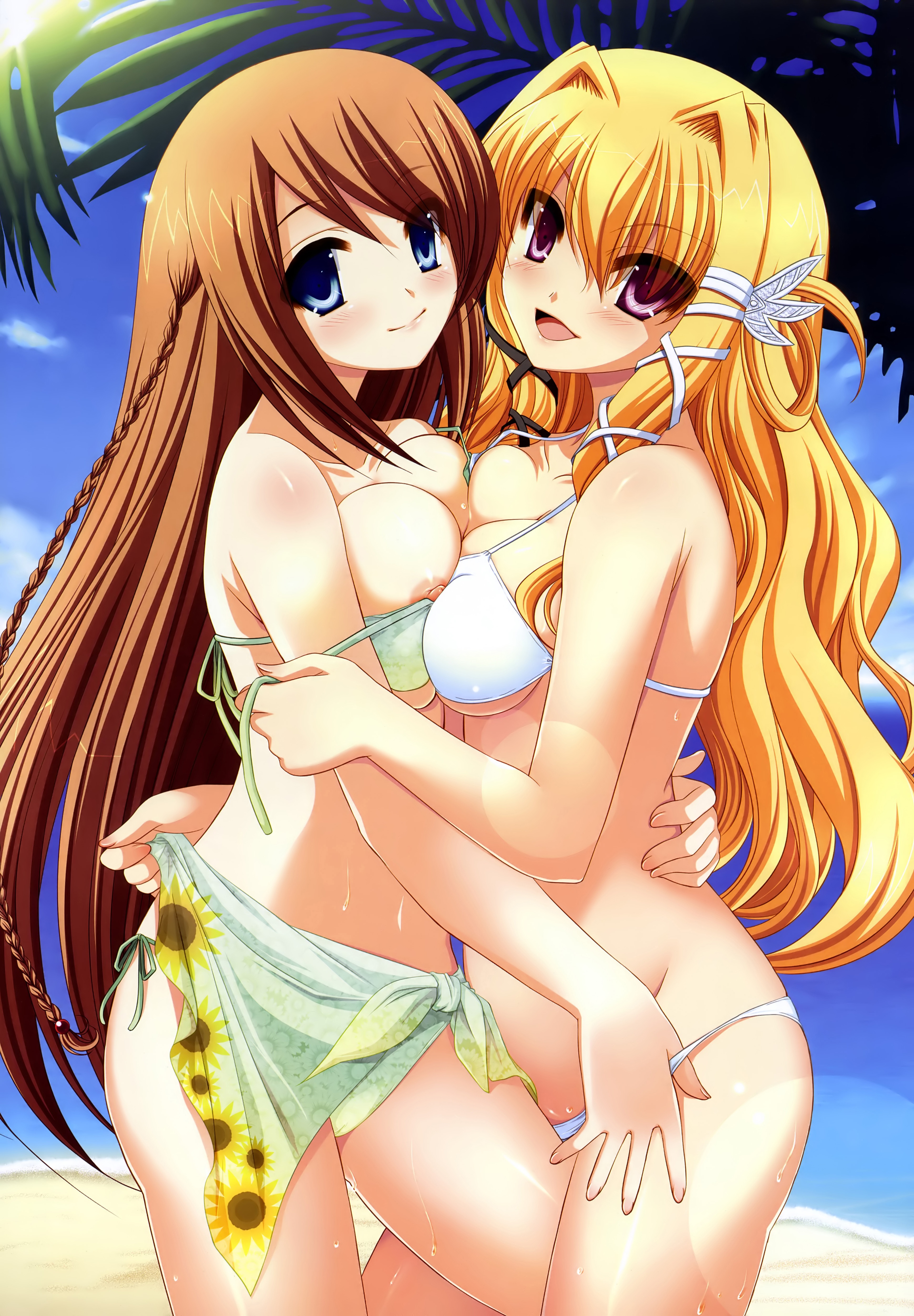 yukizuki chikuba, satsuki yuzuha, suzutaka mariarose, shin genre esudere!!, absurdres, highres, 2girls, beach, blonde hair, blue eyes, blush, breast press, breasts, brown hair, cloud, day, long hair, medium breasts, multiple girls, nipple slip, nipples, ocean, outdoors, palm tree, purple eyes, sky, sweat, symmetrical docking, tree, yuri