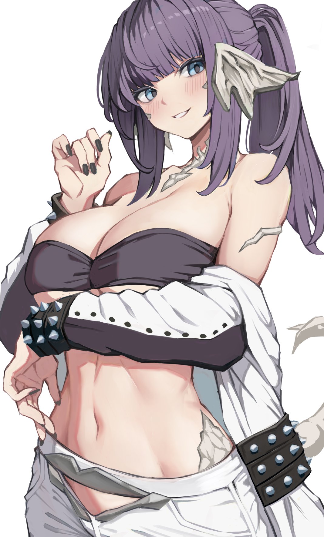 torisanff14, warrior of light (ff14), final fantasy, final fantasy xiv, highres, 1girl, arm under breasts, au ra, bandeau, bare shoulders, black bandeau, black nails, blue eyes, breasts, cleavage, cowboy shot, dragon horns, grin, hand up, horns, jacket, large breasts, long hair, looking at viewer, midriff, nail polish, navel, off shoulder, ponytail, purple hair, smile, solo, stomach, strapless, tube top, white jacket