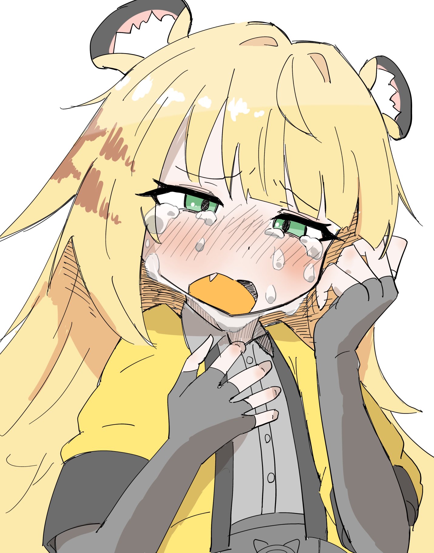 kesiutu, ju fufu, zenless zone zero, highres, 1girl, animal ear fluff, animal ears, blonde hair, colored inner hair, crying, fingerless gloves, gloves, green eyes, jacket, long hair, looking at viewer, multicolored hair, open mouth, shirt, solo, tail, tiger ears, tiger girl, tiger tail, white hair