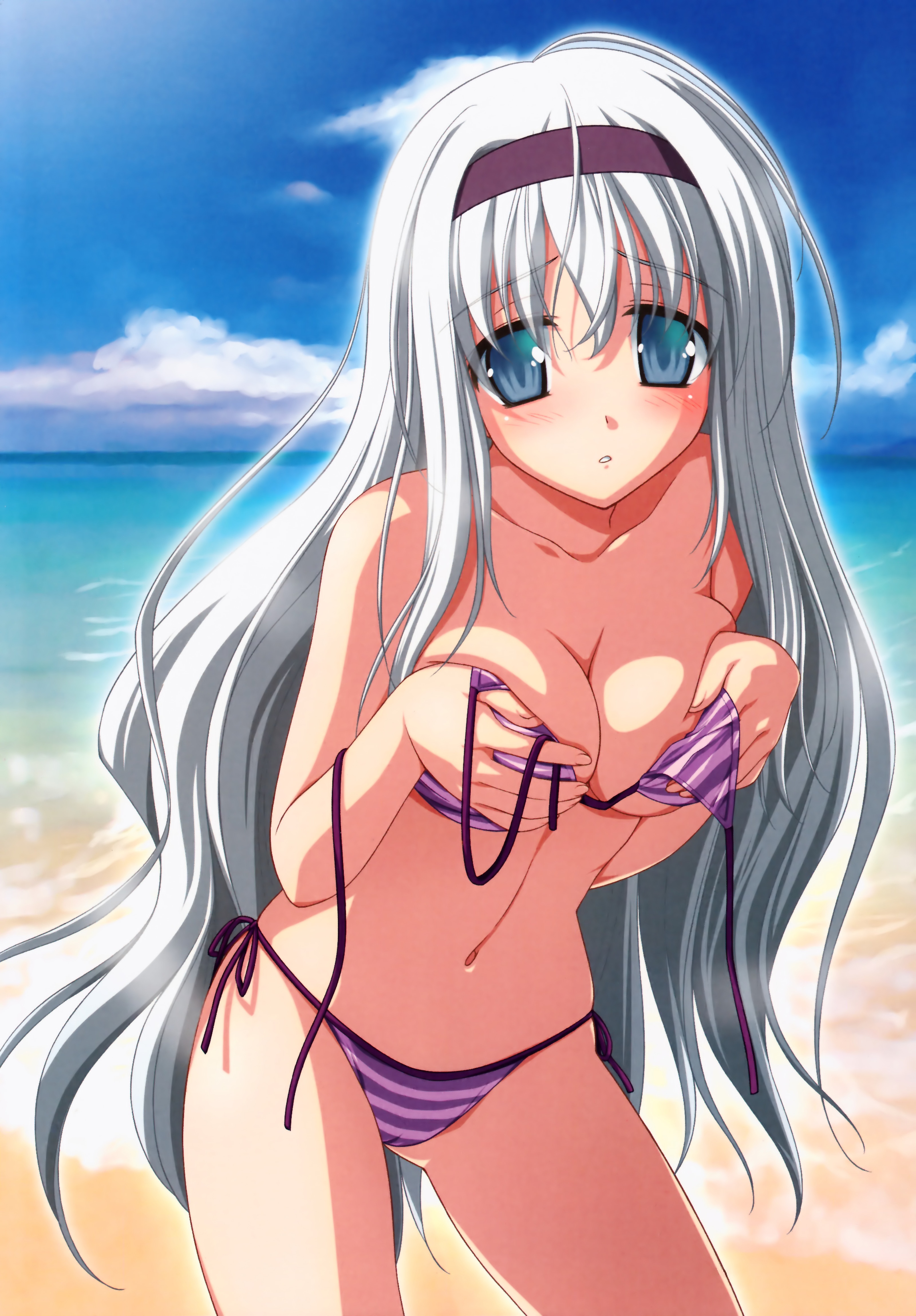 shida kazuhiro, flolium blosselliand, wiz anniversary, breast hold, silver hair, absurdres, highres, 1girl, bare shoulders, beach, bikini, blue eyes, blush, breasts, cameltoe, cleavage, cloud, covering breasts, covering privates, day, female focus, hair ornament, hairband, long hair, medium breasts, navel, ocean, outdoors, side-tie bikini bottom, sky, solo, striped bikini, striped clothes, swimsuit, very long hair, wardrobe malfunction