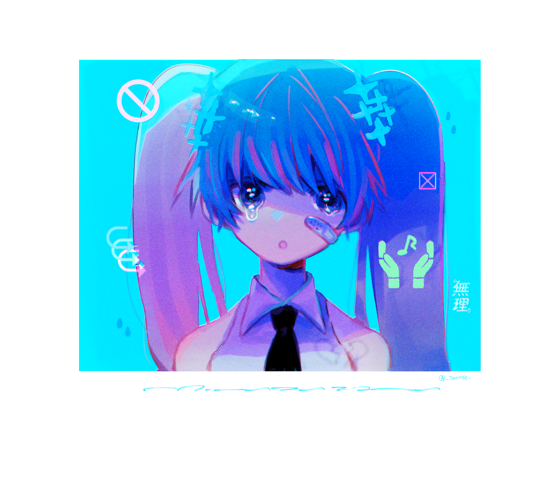 mawarusanso, hatsune miku, vocaloid, commentary request, highres, translation request, 1girl, bandaid, bandaid on face, black necktie, blue background, blue hair, border, collared shirt, long hair, looking at viewer, necktie, no symbol, open mouth, shirt, simple background, solo, twintails, upper body, white border, white shirt, x (symbol)