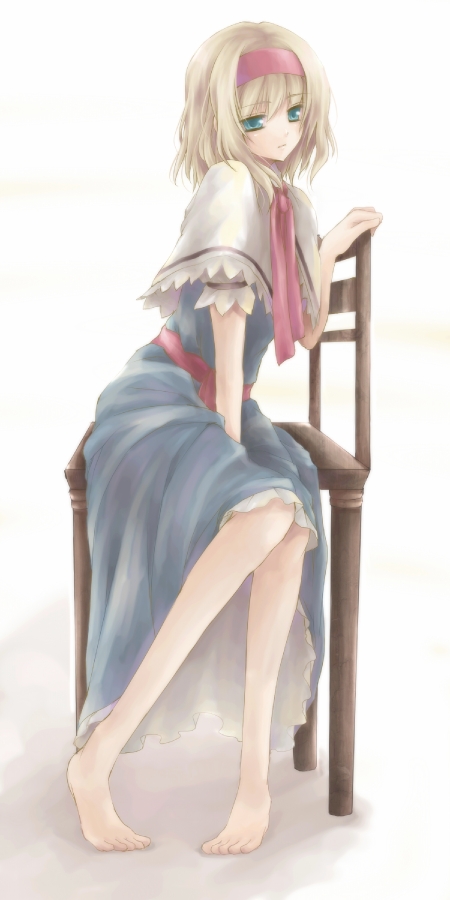hagiwara rin, alice margatroid, touhou, bad id, bad pixiv id, 1girl, aqua eyes, barefoot, between legs, blonde hair, capelet, chair, expressionless, feet, female focus, green eyes, hand between legs, pigeon-toed, sitting, solo