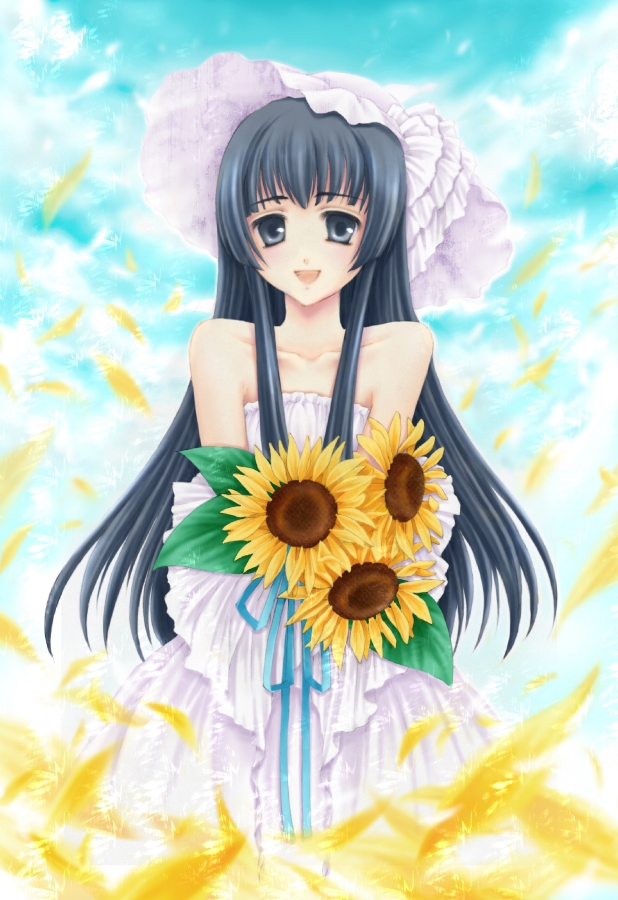 hagiwara rin, original, bad id, bad pixiv id, blue hair, dress, flower, grey eyes, hat, long hair, petals, smile, solo, sunflower