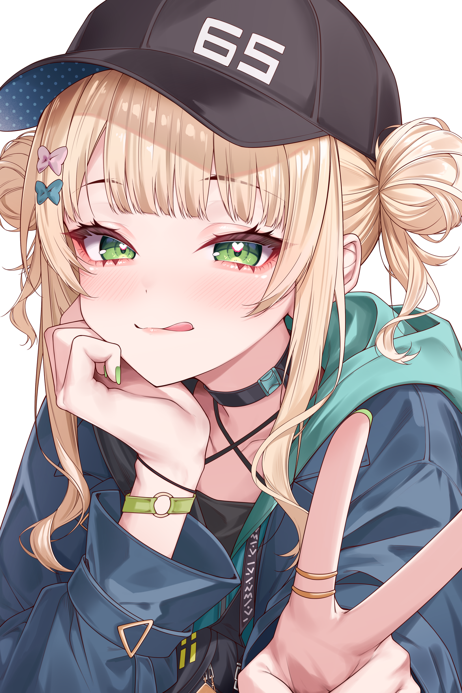 amaki daisuke, kaburaki roco, nijisanji, absurdres, highres, 1girl, black choker, blonde hair, blue jacket, blush, choker, double bun, green eyes, hair bun, hood, hoodie, jacket, looking at viewer, solo, tongue, tongue out, v, white background