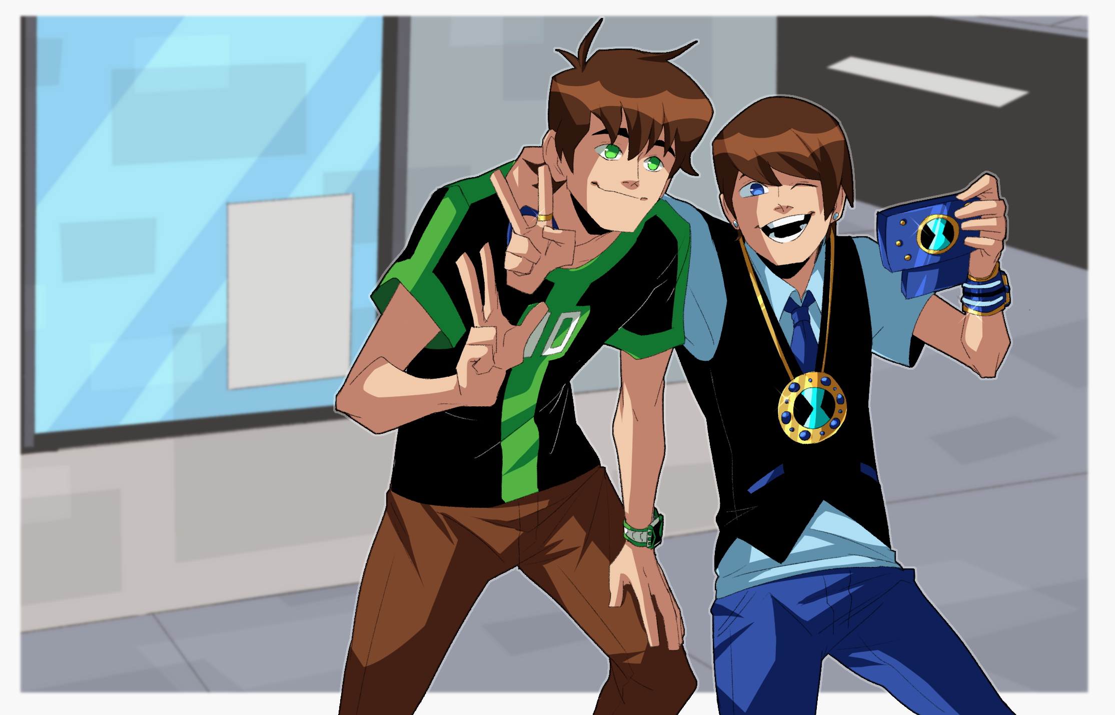 hiffuu, ben tennyson, ben 10, ben 10: omniverse, highres, 2boys, alternate universe, arm over shoulder, ben 23, blue eyes, blue pants, brown hair, green eyes, jewelry, multiple boys, omnitrix, pants, shirt, short hair, smile, t-shirt, v