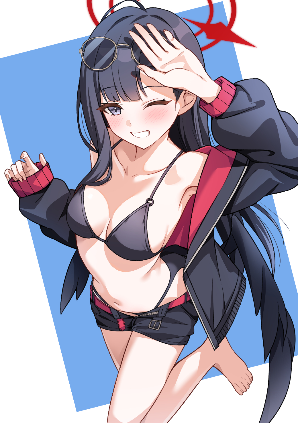 nanoyo, ichika (blue archive), ichika (swimsuit) (blue archive), blue archive, commentary request, highres, paid reward available, 1girl, ;d, ahoge, bare shoulders, barefoot, bikini, black bikini, black hair, black jacket, black shorts, blue background, blunt bangs, blush, breasts, breasts apart, collarbone, cowboy shot, eyelashes, eyewear on head, foreshortening, grey eyes, grin, hair over breasts, halo, hands up, happy, jacket, long hair, long sleeves, medium breasts, navel, o-ring, o-ring bikini, o-ring top, official alternate costume, one eye closed, open clothes, open jacket, open mouth, puffy long sleeves, puffy sleeves, red halo, shorts, simple background, smile, solo, standing, standing on one leg, stomach, straight hair, sunglasses, swimsuit, tsurime, unusually open eyes, very long hair