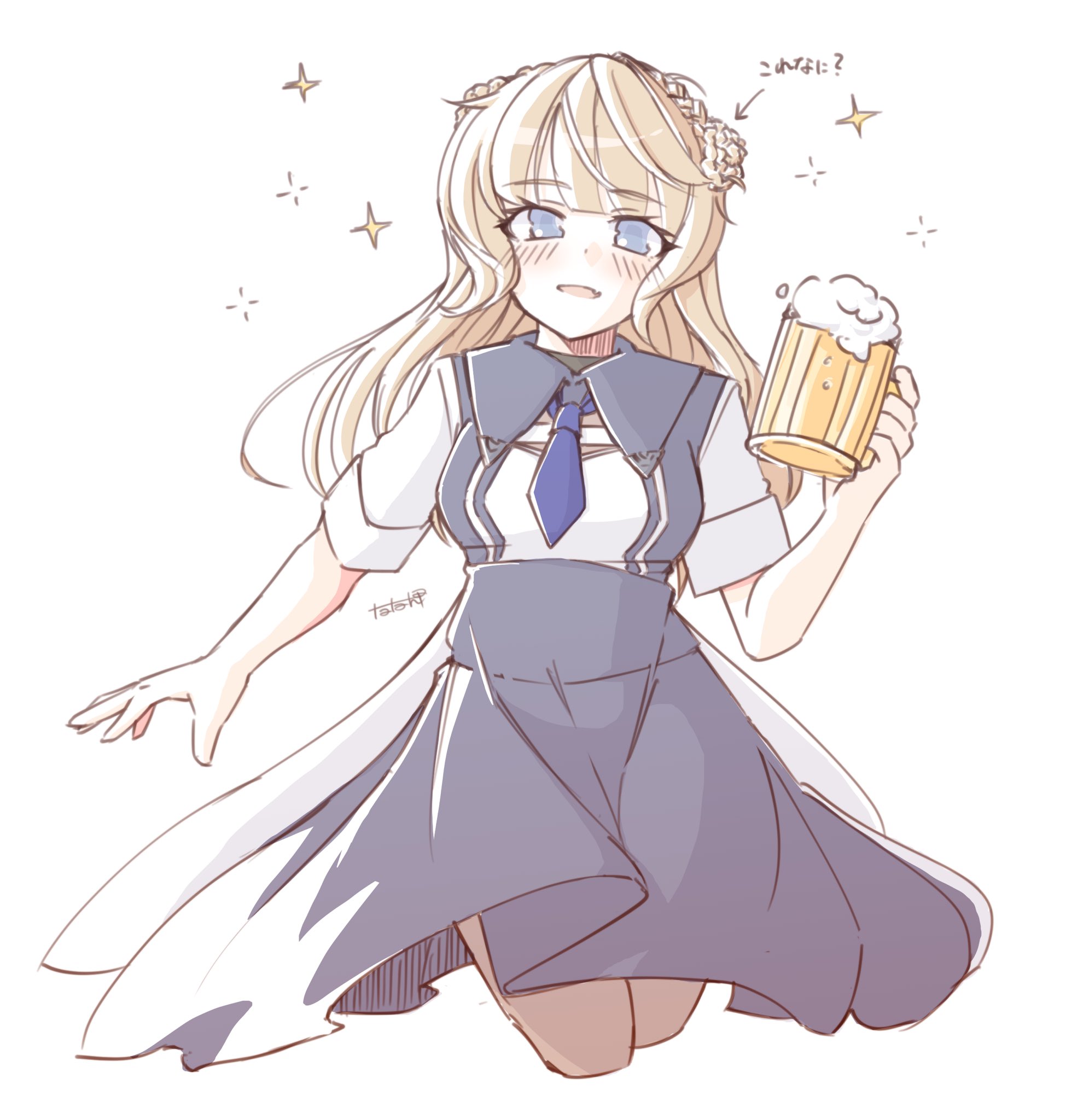 tatahai, ranger (kancolle), kantai collection, highres, translation request, 1girl, alcohol, beer, beer mug, black pantyhose, blonde hair, blue dress, blue eyes, blue necktie, braid, braided bun, cup, dress, drunk, hair bun, long hair, mug, necktie, pantyhose, solo, two-tone shirt