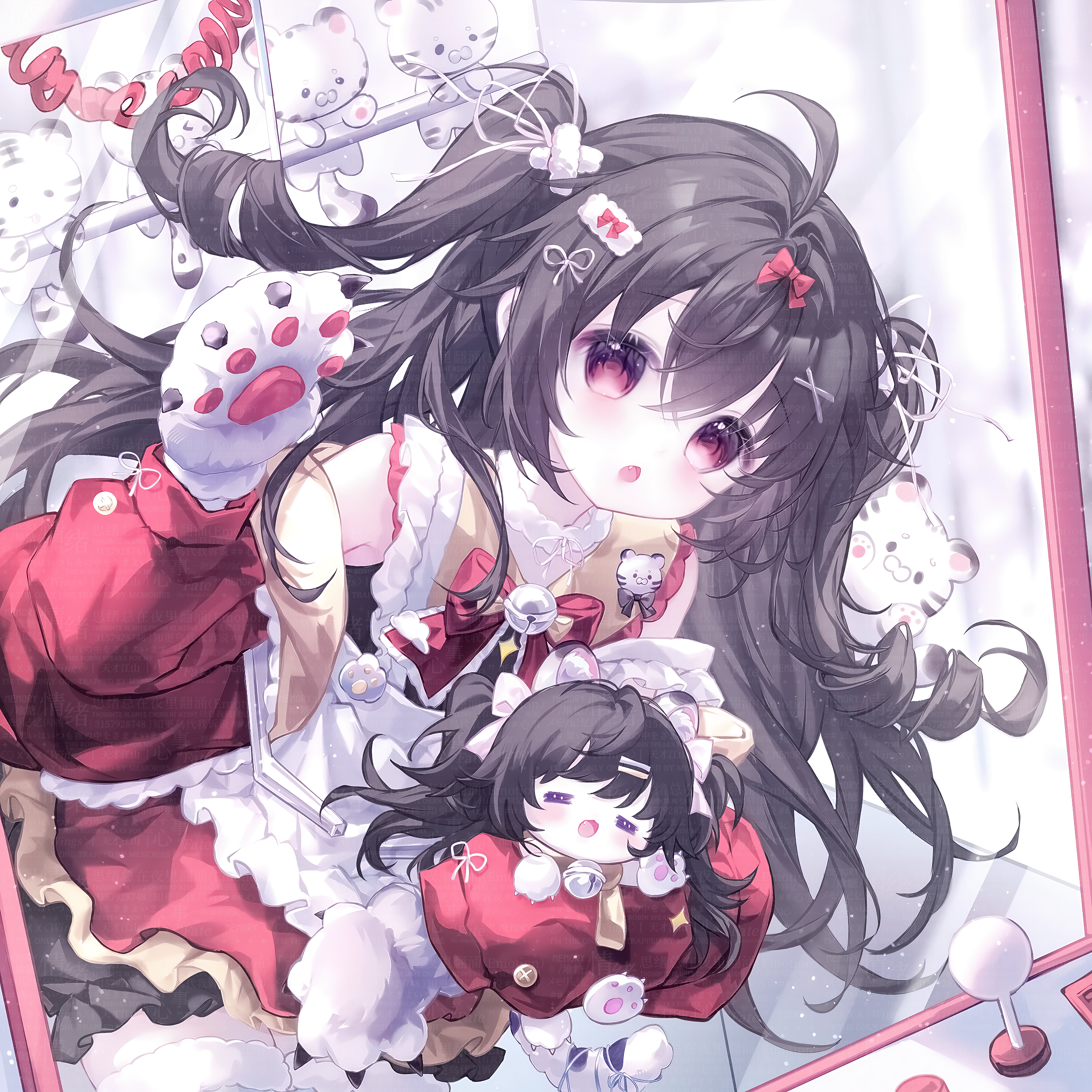 camao, original, absurdres, highres, 1girl, ahoge, animal ears, animal hands, apron, bell, black hair, blush, bow, dress, fang, frills, gloves, hair between eyes, hair ornament, hairclip, jacket, long hair, long sleeves, looking at viewer, open mouth, paw gloves, red bow, red eyes, red jacket, ribbon, solo, thighhighs, two side up, white bow, white thighhighs