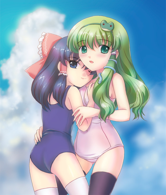 yamaguchi takashi, yamaguchi yuu, hakurei reimu, kochiya sanae, touhou, 2girls, cloud, day, female focus, multiple girls, one-piece swimsuit, outdoors, school swimsuit, sky, swimsuit, thighhighs, white one-piece swimsuit, white school swimsuit