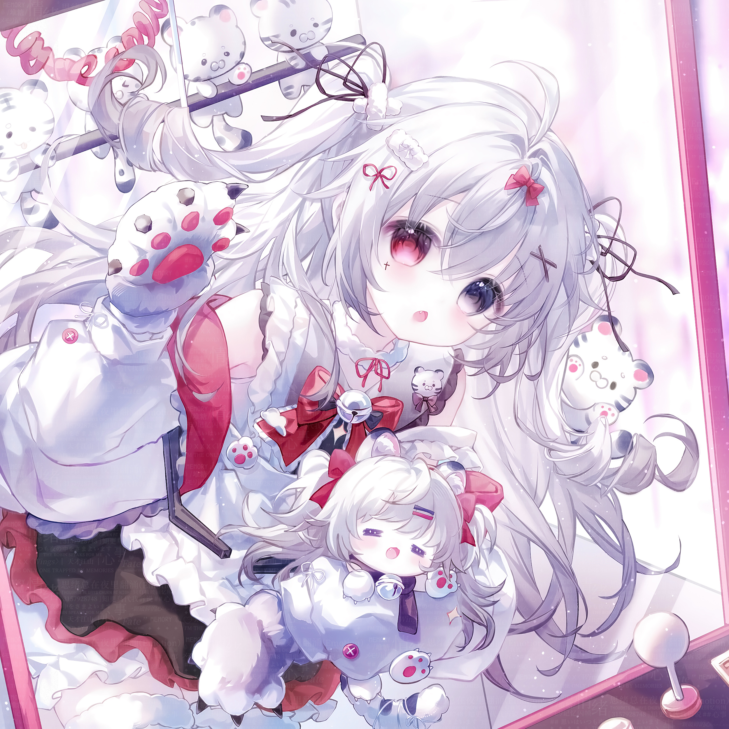 camao, original, absurdres, highres, 1girl, ahoge, animal ears, animal hands, black ribbon, black skirt, blush, bow, fang, frills, gloves, grey eyes, hair between eyes, hair ornament, hair ribbon, hairclip, heterochromia, jacket, long hair, long sleeves, looking at viewer, open mouth, paw gloves, red bow, red eyes, ribbon, shirt, skirt, thighhighs, two side up, very long hair, white hair, white jacket
