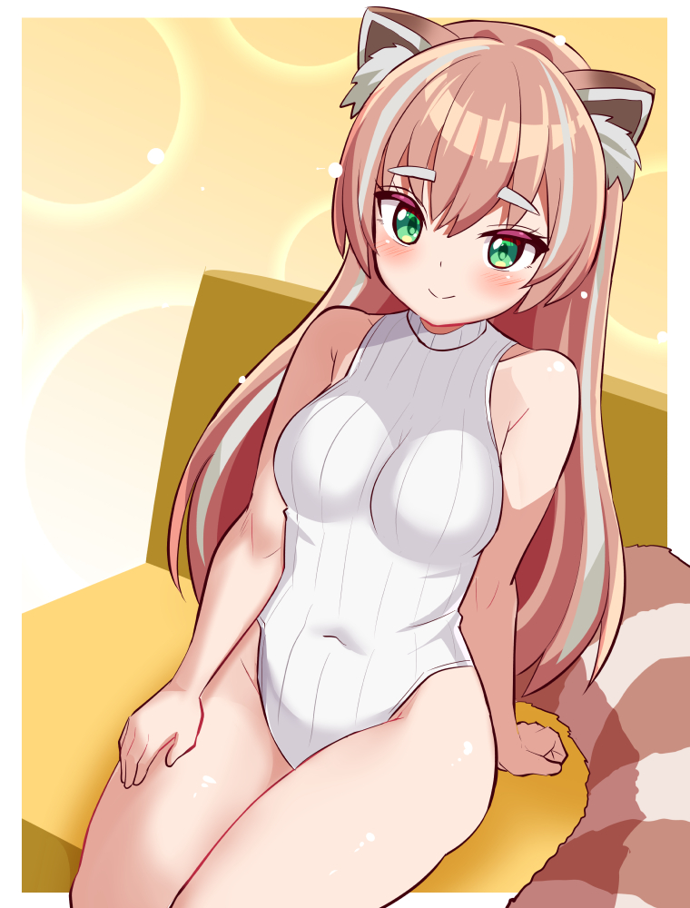cougar (cougar1404), yuria of ailurus, indie virtual youtuber, 1girl, animal ear fluff, animal ears, chair, closed mouth, green eyes, hair between eyes, on chair, one-piece swimsuit, red panda ears, red panda girl, red panda tail, solo, swimsuit, thighs, virtual youtuber, white one-piece swimsuit