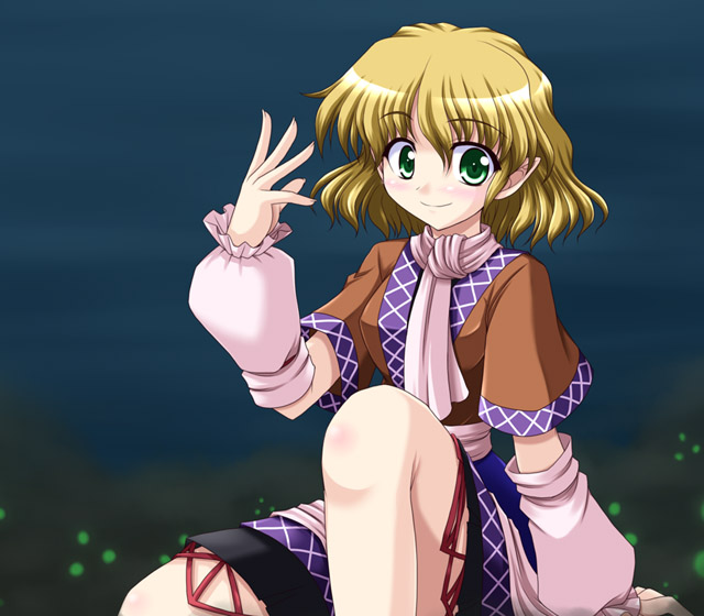 bococho, mizuhashi parsee, touhou, eyebrows, bad id, bad pixiv id, 1girl, ascot, bare legs, blonde hair, detached sleeves, female focus, green eyes, knee up, long sleeves, looking at viewer, pointy ears, puffy sleeves, scarf, smile, solo, tareme, thighs