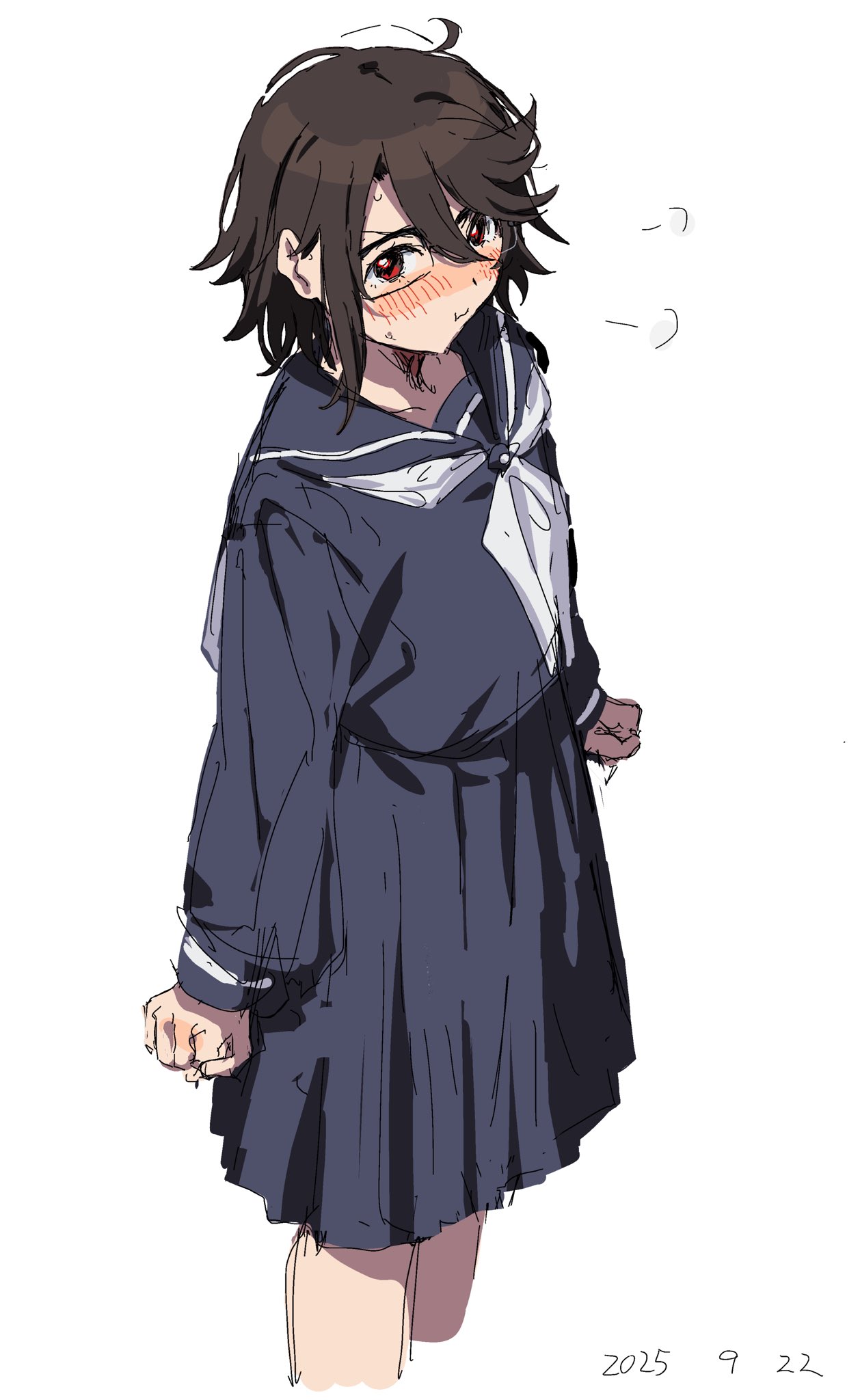 takatisakana, momijiyama teru, shy (series), highres, 1girl, arms at sides, black sailor collar, blush, clenched hands, cropped legs, dated, glasses, hair between eyes, long sleeves, looking at viewer, neckerchief, pleated skirt, pout, sailor collar, school uniform, shirt, short hair, simple background, skirt, solo, white background