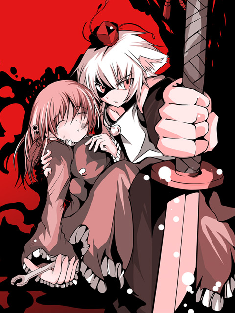maturiuta sorato, inubashiri momiji, kawashiro nitori, touhou, 2girls, female focus, multiple girls, nagamaki, naginata, polearm, protecting, weapon, wrench