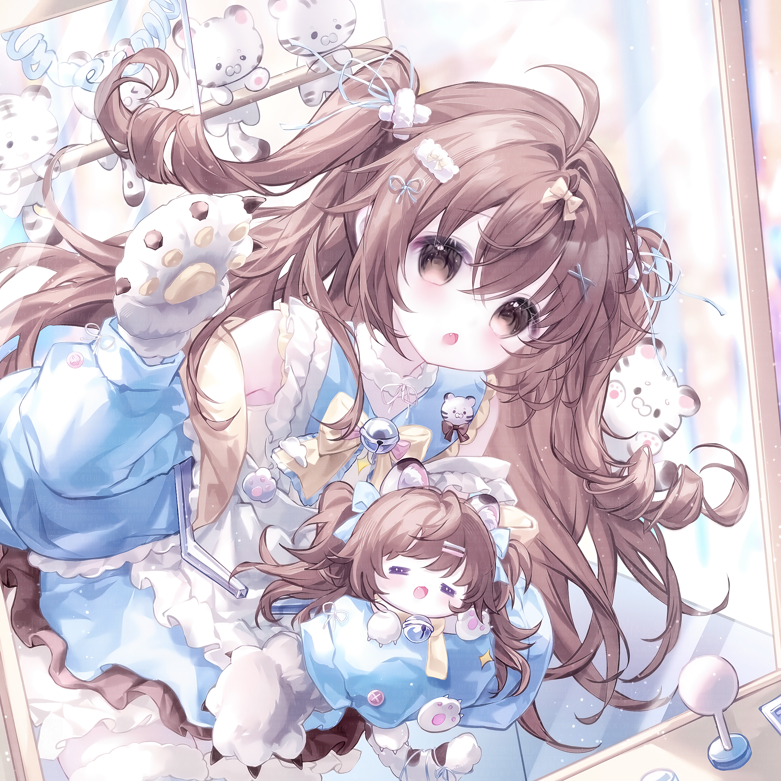 camao, original, absurdres, highres, large variant set, variant set, 1girl, :o, ahoge, animal ears, animal hands, bell, blue jacket, blush, bow, brown eyes, brown hair, dress, frilled dress, frills, gloves, hair ornament, hair ribbon, hairclip, jacket, long hair, long sleeves, looking at viewer, open mouth, paw gloves, ribbon, solo, stuffed toy, two side up
