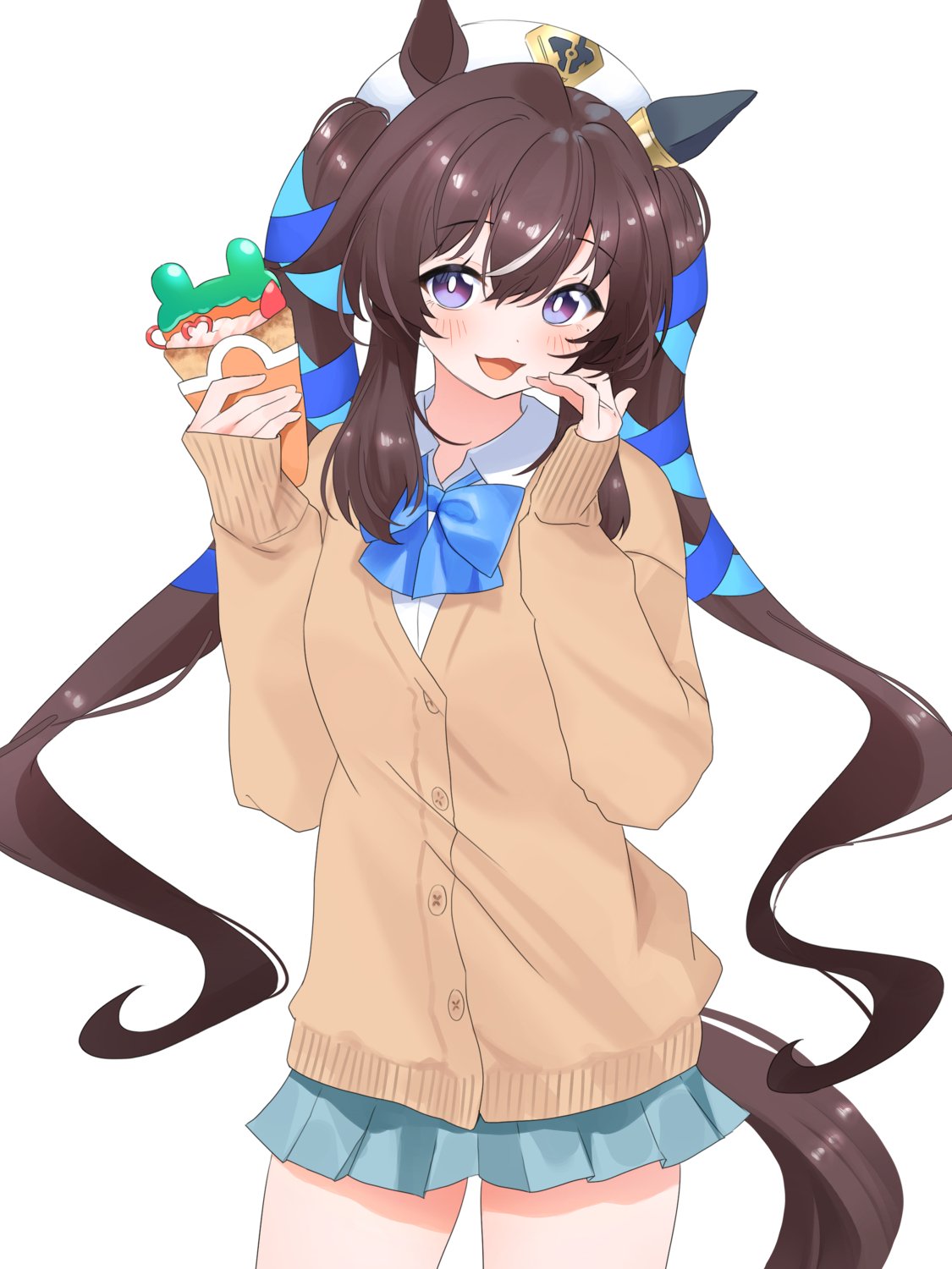 katuko deluxe, vivlos (umamusume), umamusume, commentary request, highres, 1girl, alternate costume, animal ears, black hair, blue bow, blue bowtie, blue ribbon, blush, bow, bowtie, bright pupils, brown cardigan, brown hair, brown tail, cardigan, cowboy shot, crepe, food, grey skirt, hair ribbon, hat, holding, holding crepe, holding food, horse ears, horse girl, horse tail, long hair, long sleeves, looking at viewer, miniskirt, mole, mole under eye, open mouth, pencil skirt, purple eyes, ribbon, school uniform, simple background, skirt, sleeves past wrists, smile, solo, tail, twintails, very long hair, white background, white hat, white pupils, white streaks