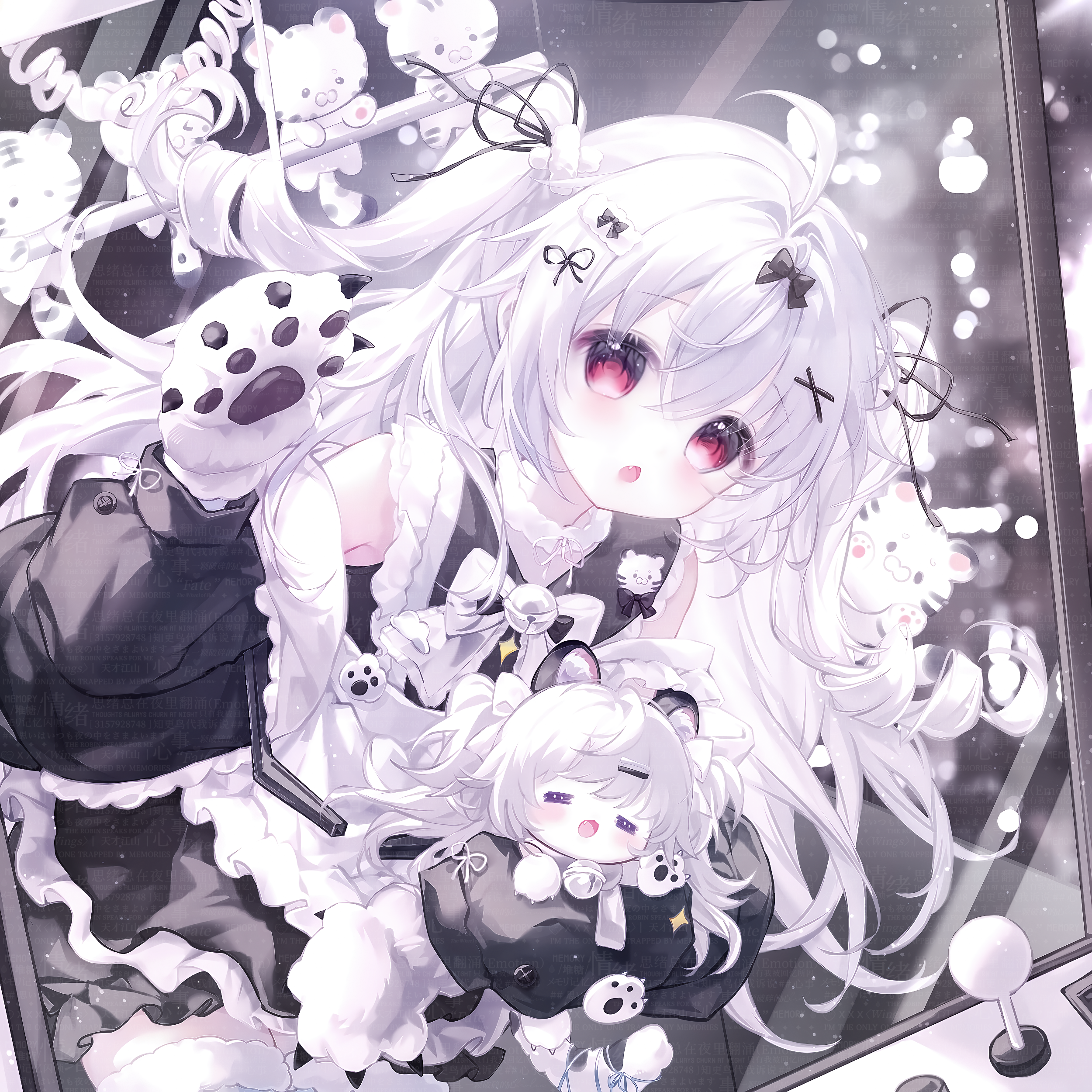 camao, original, absurdres, highres, large variant set, variant set, 1girl, :o, ahoge, animal ears, animal hands, apron, bare shoulders, black bow, black dress, black jacket, black ribbon, blush, bow, dress, fang, frilled apron, frills, gloves, hair between eyes, hair bow, hair intakes, hair ornament, hairclip, jacket, long hair, long sleeves, looking at viewer, off shoulder, open clothes, open jacket, open mouth, paw gloves, puffy long sleeves, puffy sleeves, red eyes, ribbon, shirt, sleeveless, sleeveless dress, sleeves past fingers, sleeves past wrists, solo, two side up, very long hair, white apron, white bow, white hair, x hair ornament