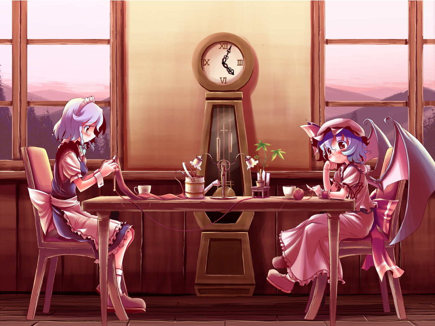 takahero, izayoi sakuya, remilia scarlet, touhou, 2girls, chair, clock, dress, female focus, grandfather clock, hat, head rest, indoors, knitting, maid, multiple girls, skirt, sky, string, string of fate, table, wings