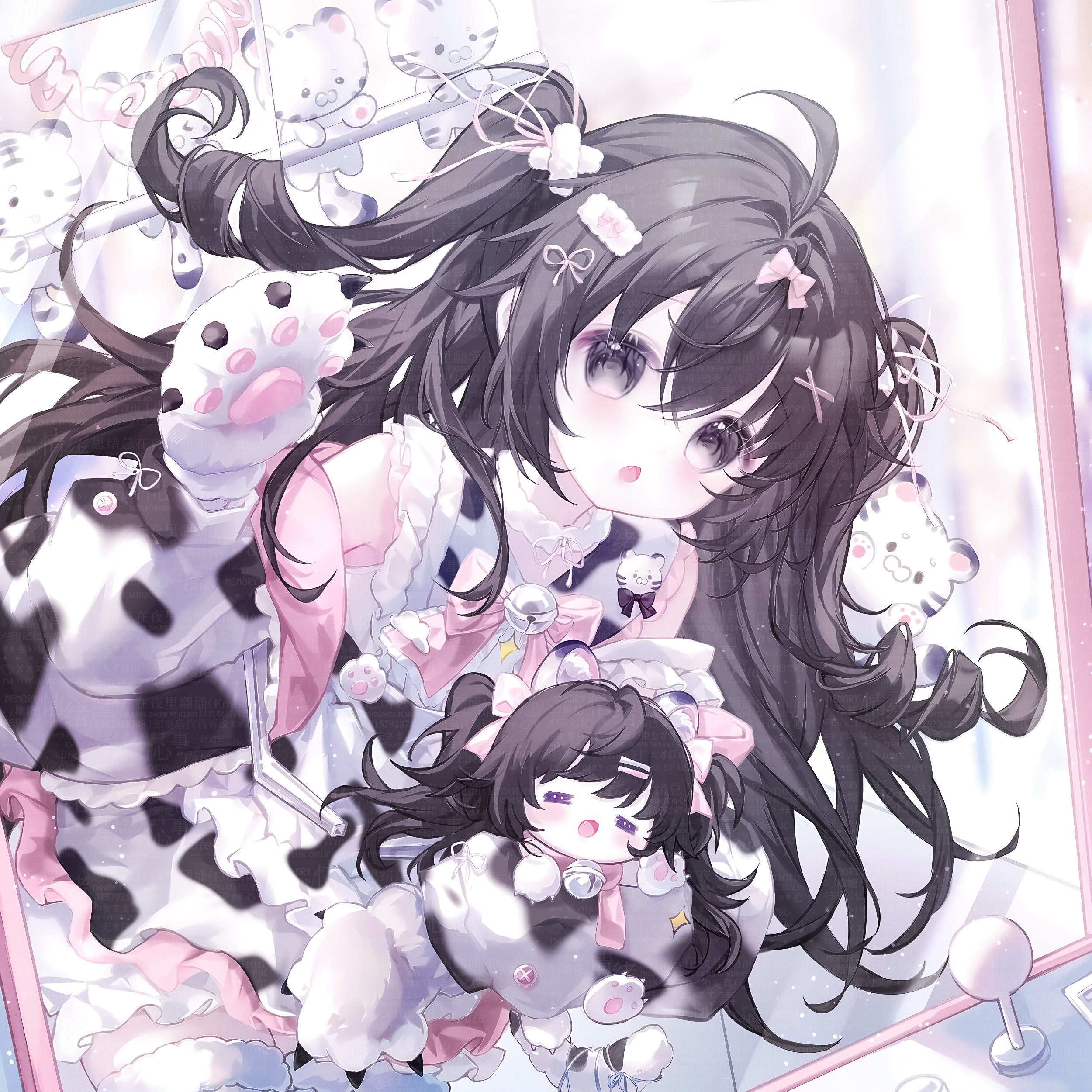 camao, original, absurdres, highres, large variant set, variant set, 1girl, ahoge, animal ears, animal print, black eyes, black hair, blush, bow, cow print, dress, fang, frills, grey eyes, hair ornament, hairclip, jacket, long hair, looking at viewer, open mouth, pink bow, ribbon, solo, stuffed toy, two side up