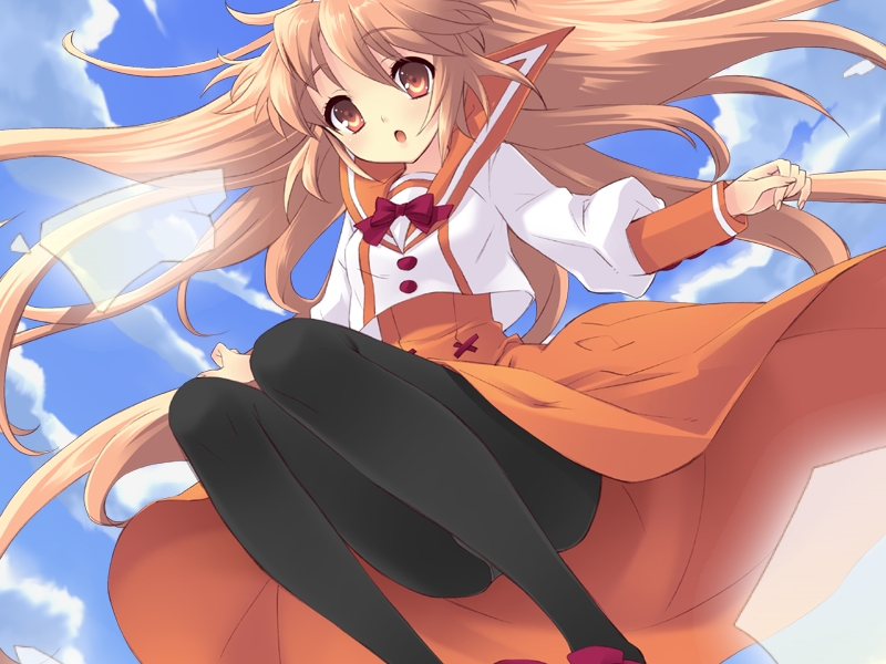 ito noizi, alice (alice parade), miori (alice parade), alice parade, game cg, 1girl, blonde hair, cloud, day, female focus, long hair, orange eyes, orange hair, panties, panties under pantyhose, pantyhose, school uniform, serafuku, sky, solo, underwear, very long hair
