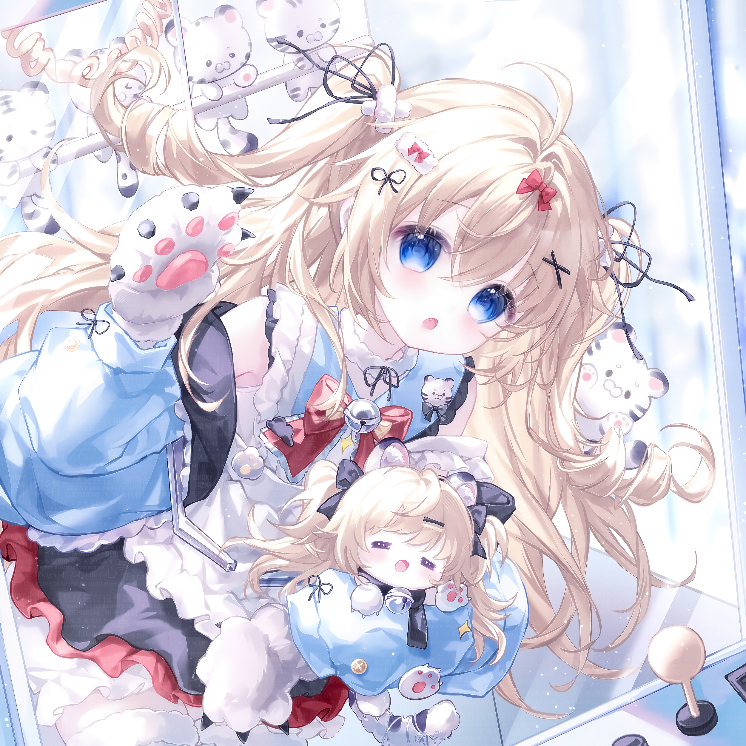 camao, original, absurdres, highres, large variant set, variant set, 1girl, :o, ahoge, animal ears, animal hands, bell, black ribbon, blonde hair, blue eyes, blue jacket, blush, bow, dress, frills, gloves, hair between eyes, hair ornament, hair ribbon, hairclip, jacket, long hair, long sleeves, looking at viewer, off shoulder, open clothes, open jacket, open mouth, paw gloves, puffy long sleeves, puffy sleeves, red bow, ribbon, sleeveless, two side up, very long hair, x hair ornament