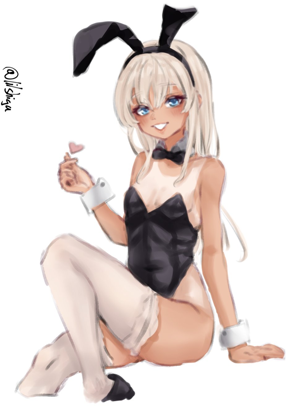 lilshigu, ro-500 (kancolle), kantai collection, highres, 1girl, alternate costume, animal ear hairband, animal ears, black bow, black bowtie, black leotard, black shoes, blonde hair, blue eyes, bow, bowtie, breasts, detached collar, fake animal ears, finger heart, grin, hairband, highleg, highleg leotard, invisible chair, leotard, long hair, one-hour drawing challenge, one-piece tan, playboy bunny, rabbit ears, shoes, sitting, small breasts, smile, solo, strapless, strapless leotard, tan, tanline, thighhighs, white thighhighs, wrist cuffs