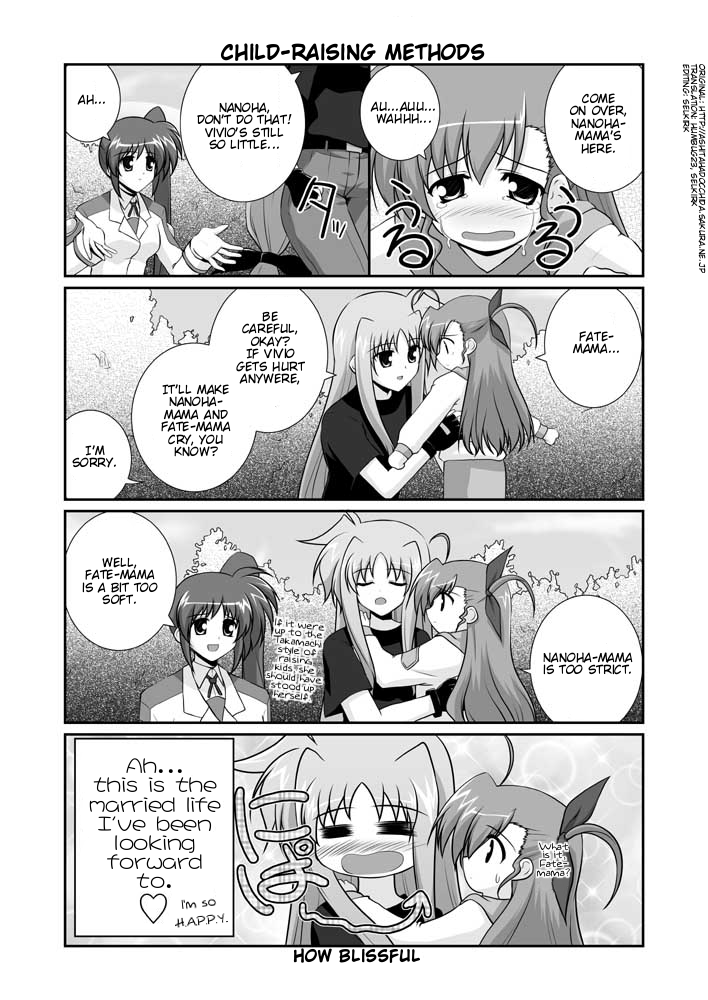 mikage takashi, fate testarossa, takamachi nanoha, vivio, lyrical nanoha, mahou shoujo lyrical nanoha, mahou shoujo lyrical nanoha strikers, hard-translated, third-party edit, translated, 00s, 3girls, = =, ahoge, arrow (symbol), blush, comic, english text, greyscale, heart, long hair, low-tied long hair, military, military uniform, monochrome, multiple girls, side ponytail, tears, text focus