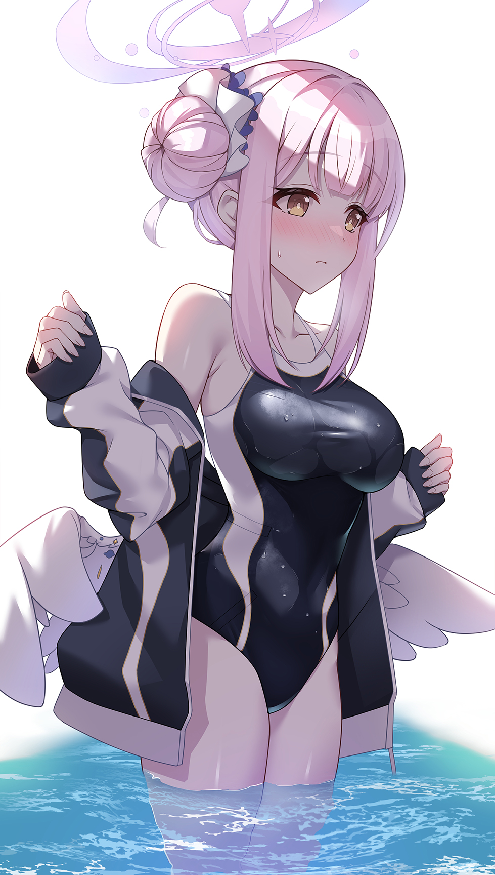 nanoyo, mika (blue archive), mika (track) (blue archive), blue archive, commentary request, highres, paid reward available, 1girl, armpit crease, backlighting, bare shoulders, blue flower, blue one-piece swimsuit, blush, breasts, bright pupils, closed mouth, collarbone, cowboy shot, double bun, feathered wings, flower, frown, hair bun, hair flower, hair ornament, halo, hands up, impossible clothes, jacket, large breasts, long sleeves, looking to the side, low wings, medium hair, nose blush, official alternate hairstyle, one-piece swimsuit, open clothes, open jacket, pink hair, pink halo, sidelocks, simple background, solo, straight hair, sweatdrop, swimsuit, swimsuit under clothes, thighs, track jacket, trinity general school swimsuit, wading, water, wet, white background, white pupils, white wings, wings, yellow eyes