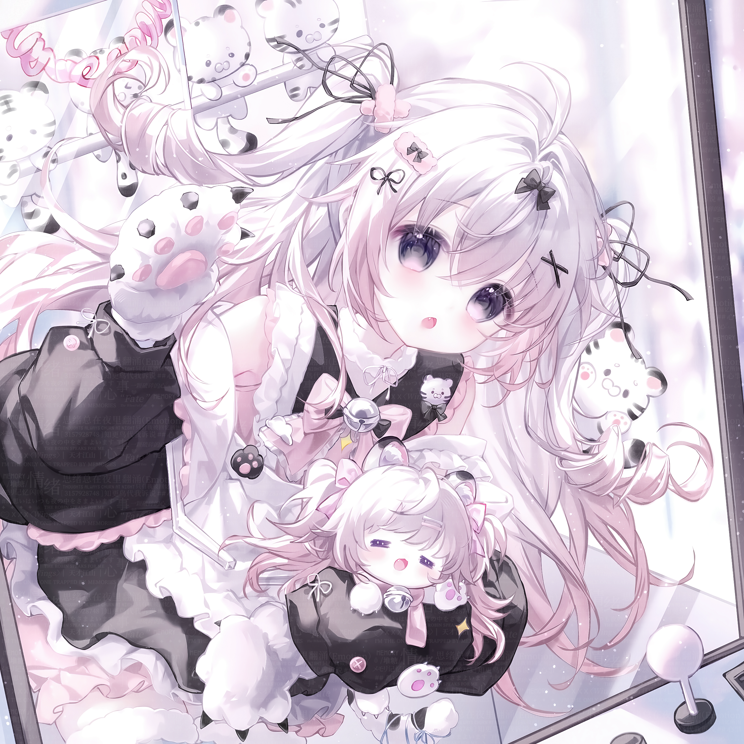 camao, original, absurdres, highres, large variant set, variant set, 1girl, :o, animal ears, animal hands, apron, black ribbon, blush, bow, dress, fang, frills, gloves, hair ornament, hair ribbon, hairclip, long hair, long sleeves, looking at viewer, open mouth, pink hair, ribbon, stuffed toy, two side up, white hair