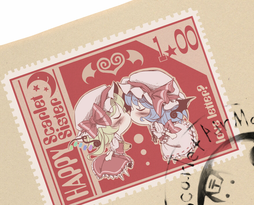 takahero, flandre scarlet, remilia scarlet, touhou, 2girls, blush, chibi, female focus, kiss, multiple girls, post stamp, postage stamp, siblings, sisters, stamp