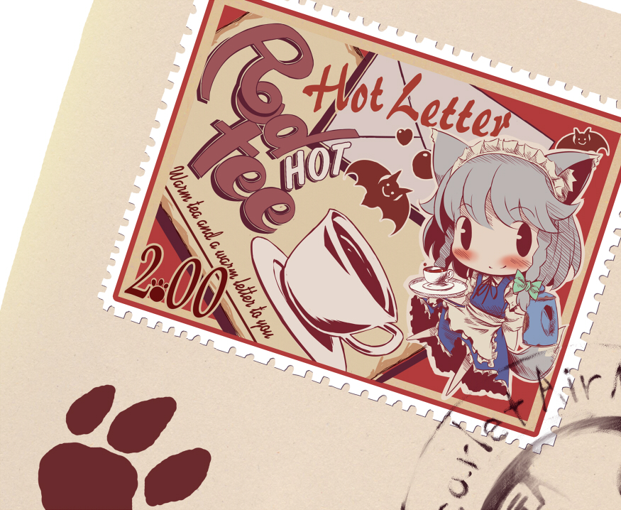 takahero, inu sakuya (nejikirio), izayoi sakuya, touhou, 1girl, animal ears, blush, braid, chibi, dog ears, dress, female focus, kemonomimi mode, maid, post stamp, postage stamp, solo, stamp, twin braids