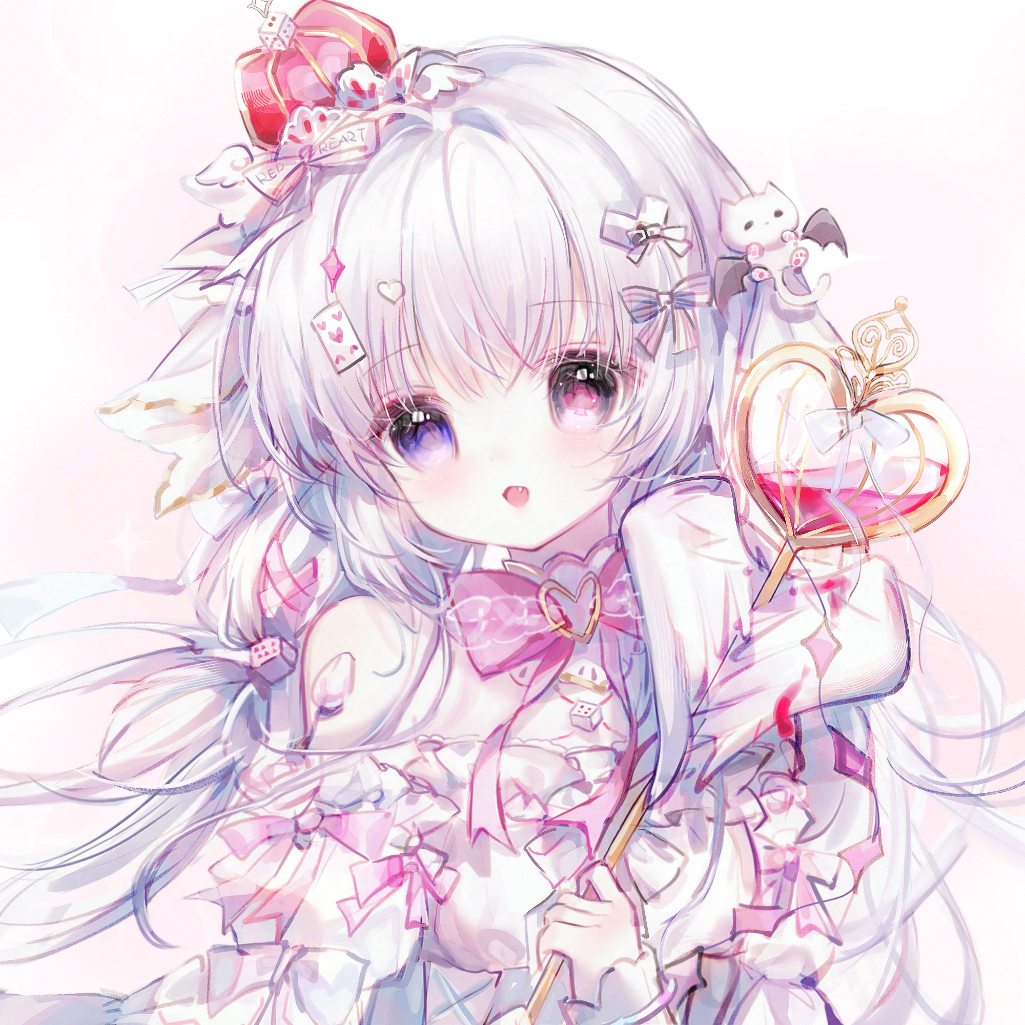 camao, original, highres, 1girl, :d, bare shoulders, blush, bow, crown, detached wings, dress, fang, gradient background, hair bow, hair ornament, heart, heart hair ornament, heterochromia, holding, holding wand, long hair, looking at viewer, mini crown, open mouth, pink background, puffy sleeves, purple eyes, red eyes, smile, solo, staff, upper body, wand, white background, white bow, white dress, white hair, wings