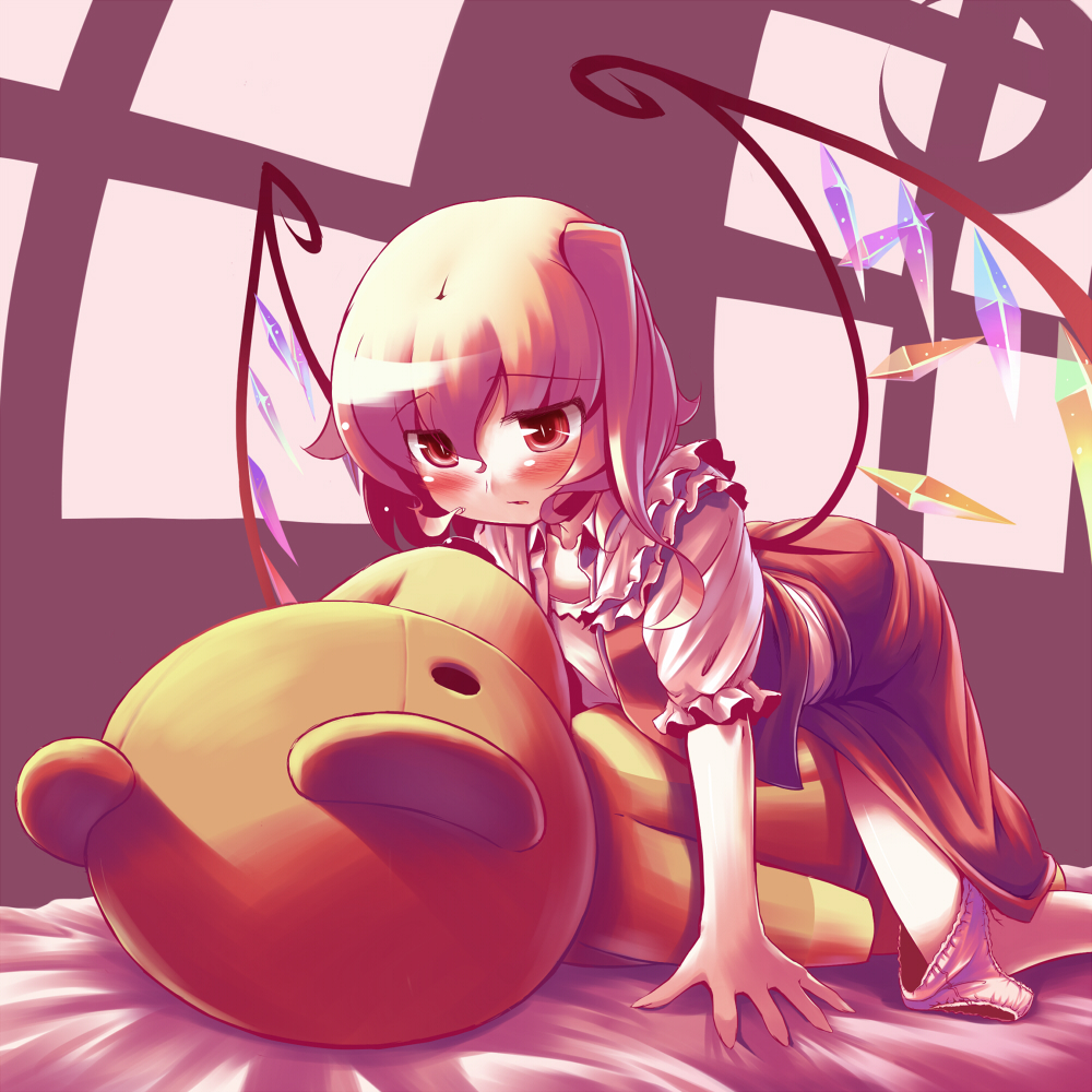 takahero, flandre scarlet, touhou, 1girl, bed, blush, clothed masturbation, crotch rub, female focus, female masturbation, masturbation, panties, panties around leg, parody, red eyes, shadow, solo, stuffed animal, stuffed toy, teddy bear, underwear, white panties, wings