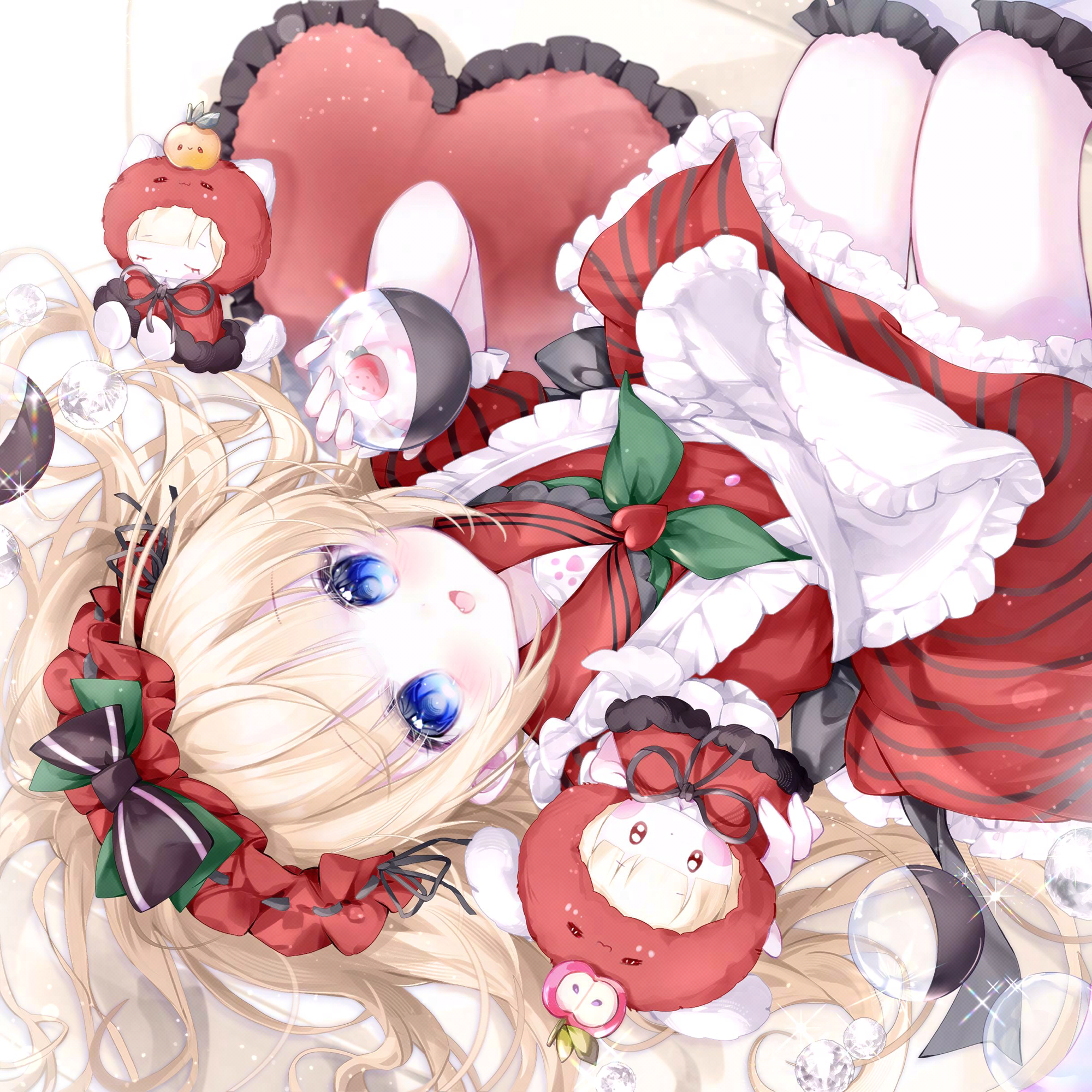 camao, original, highres, 1girl, apron, black bow, blonde hair, blue eyes, blush, bow, dress, food, frilled apron, frilled dress, frilled hairband, frilled pillow, frills, hairband, heart, holding, knees up, long hair, looking at viewer, lying, on back, open mouth, pillow, puffy short sleeves, puffy sleeves, red dress, sailor collar, short sleeves, solo, very long hair, white apron