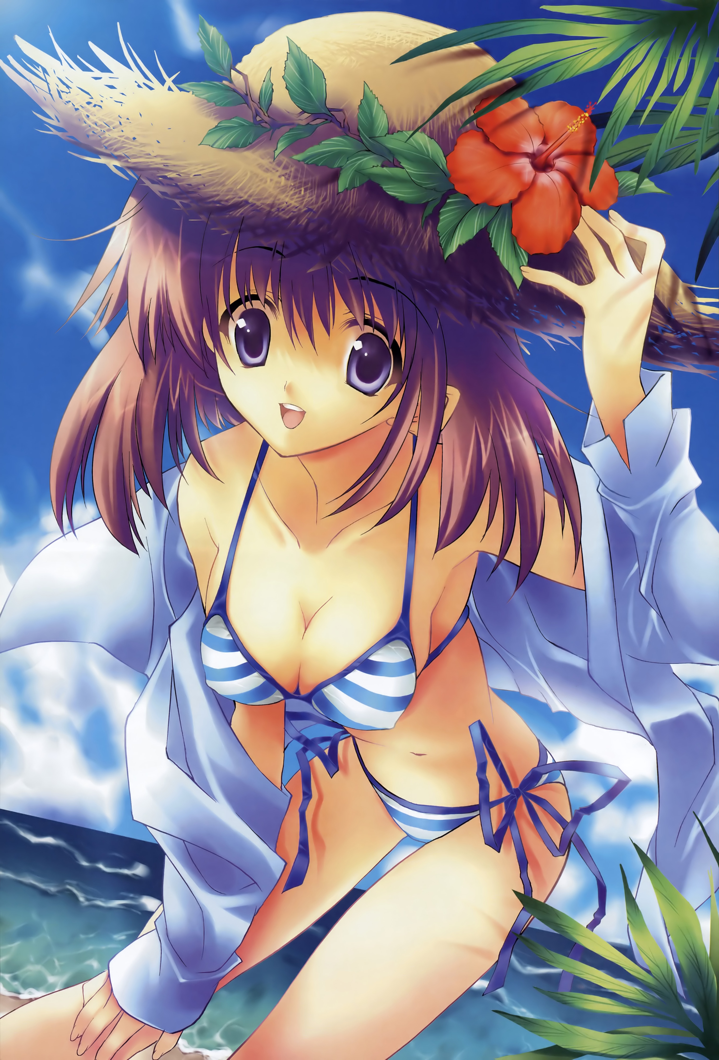 ariko youichi, absurdres, highres, 1girl, :d, arm up, beach, bent over, bikini, breasts, cleavage, cloud, day, female focus, flower, hand on headwear, hat, hat flower, hibiscus, medium breasts, navel, ocean, open mouth, outdoors, purple eyes, purple hair, short hair, side-tie bikini bottom, sky, smile, solo, straw hat, striped bikini, striped clothes, swimsuit, water, waves