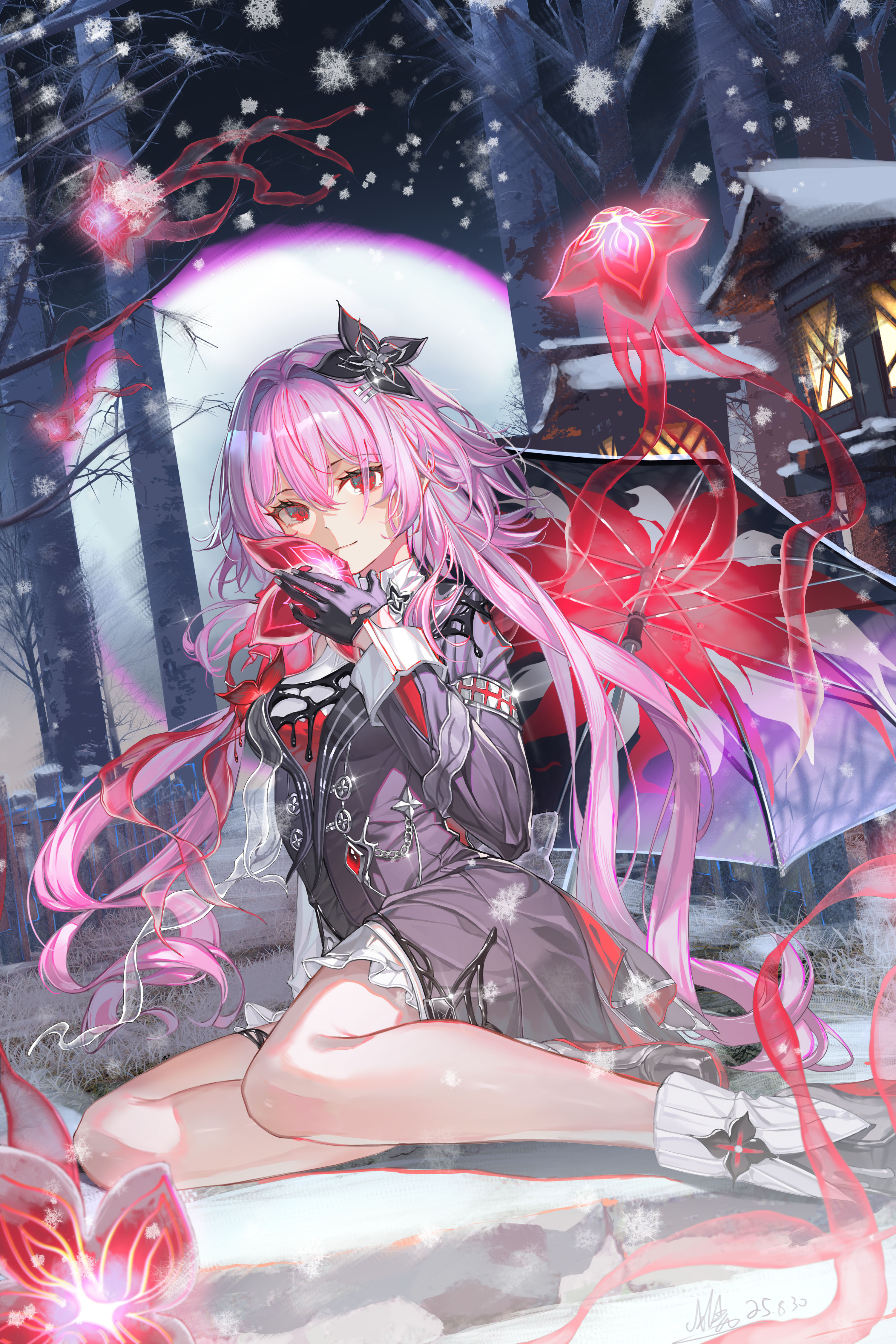 al guang, evernight (honkai: star rail), march 7th (honkai: star rail), honkai: star rail, honkai (series), absurdres, highres, 1girl, black dress, black gloves, breasts, closed mouth, dress, full moon, gloves, hair ornament, hand up, looking at viewer, medium breasts, moon, outdoors, pink hair, red eyes, sitting, snow, snowing, solo, tree, umbrella, yokozuwari