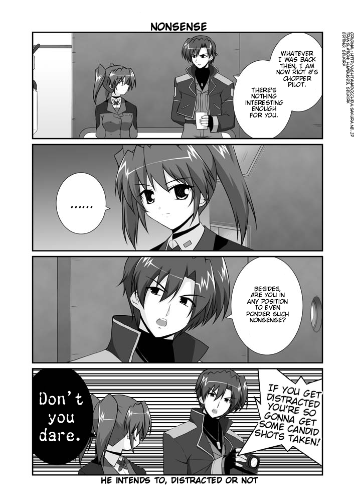 mikage takashi, teana lanster, vice granscenic, lyrical nanoha, mahou shoujo lyrical nanoha, mahou shoujo lyrical nanoha strikers, hard-translated, third-party edit, translated, …, 00s, 1boy, 1girl, camera, comic, english text, fingerless gloves, gloves, greyscale, military, military uniform, monochrome, twintails