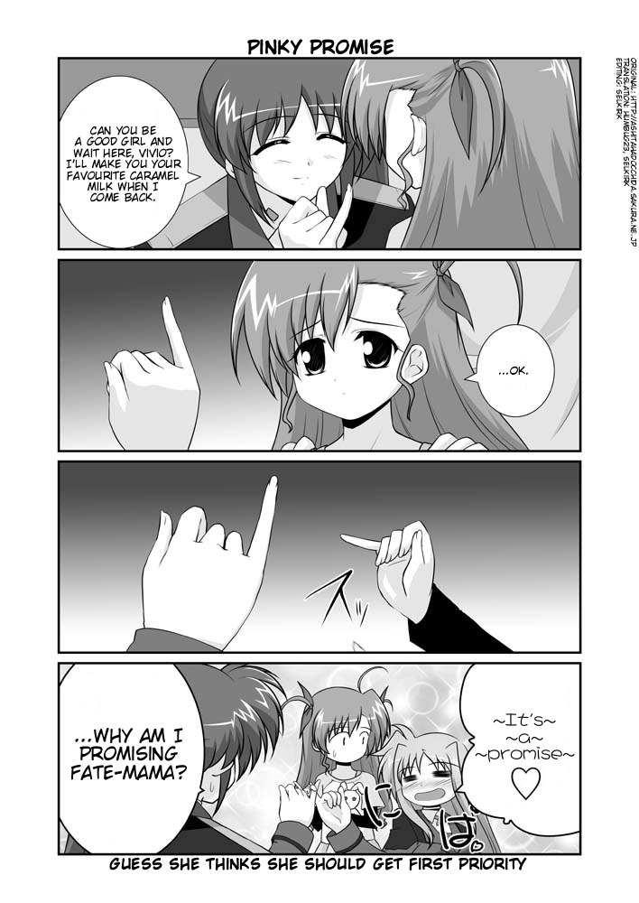 mikage takashi, fate testarossa, takamachi nanoha, vivio, lyrical nanoha, mahou shoujo lyrical nanoha, mahou shoujo lyrical nanoha strikers, hard-translated, third-party edit, translated, 00s, 3girls, = =, ahoge, blush, closed eyes, comic, english text, greyscale, heart, military, military uniform, monochrome, multiple girls, pinky swear, side ponytail