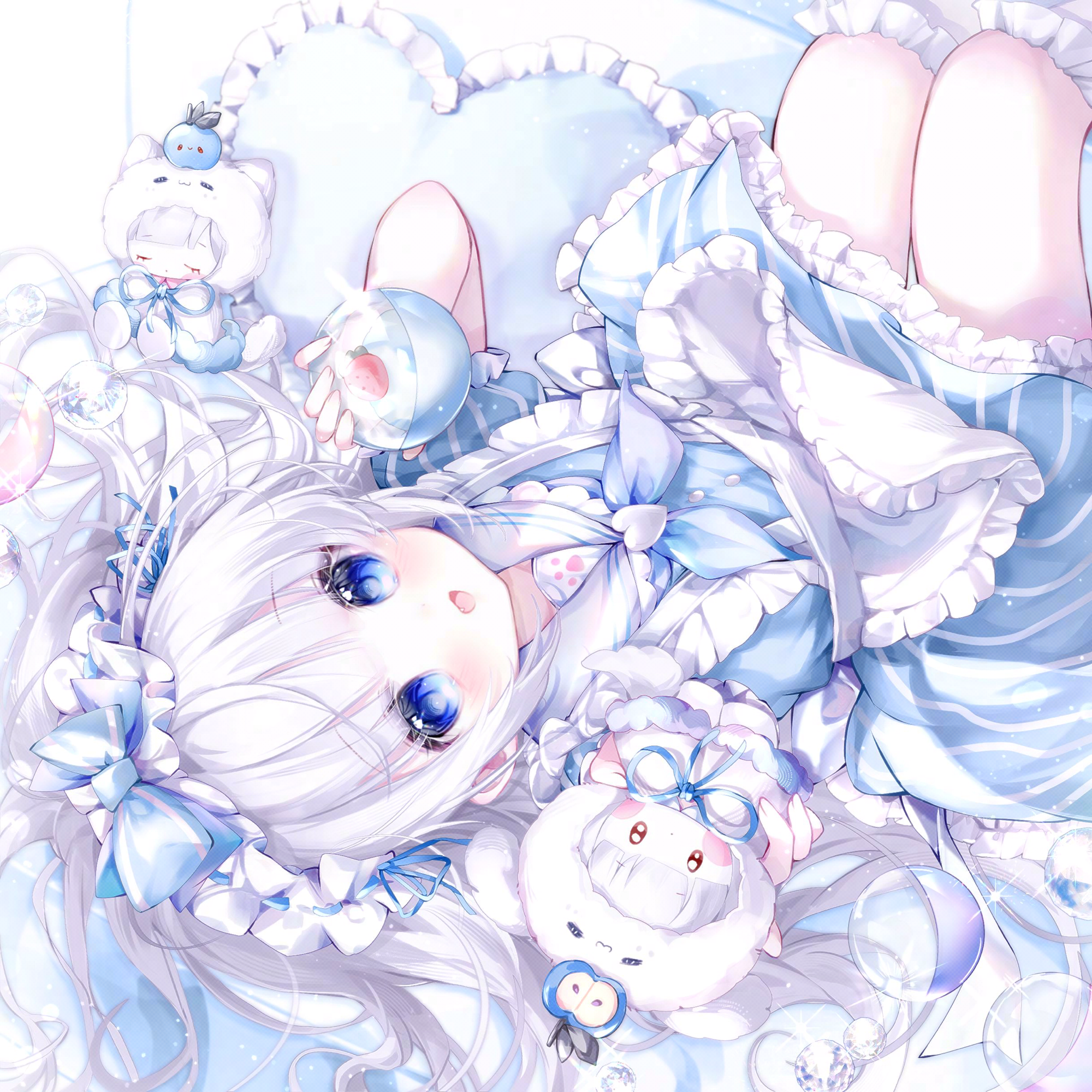 camao, original, highres, 1girl, apron, blue dress, blue eyes, blush, bow, dress, food, frilled apron, frilled dress, frills, heart, long hair, looking at viewer, lying, on back, open mouth, pillow, ribbon, sailor collar, solo, stuffed animal, stuffed toy, white apron, white hair