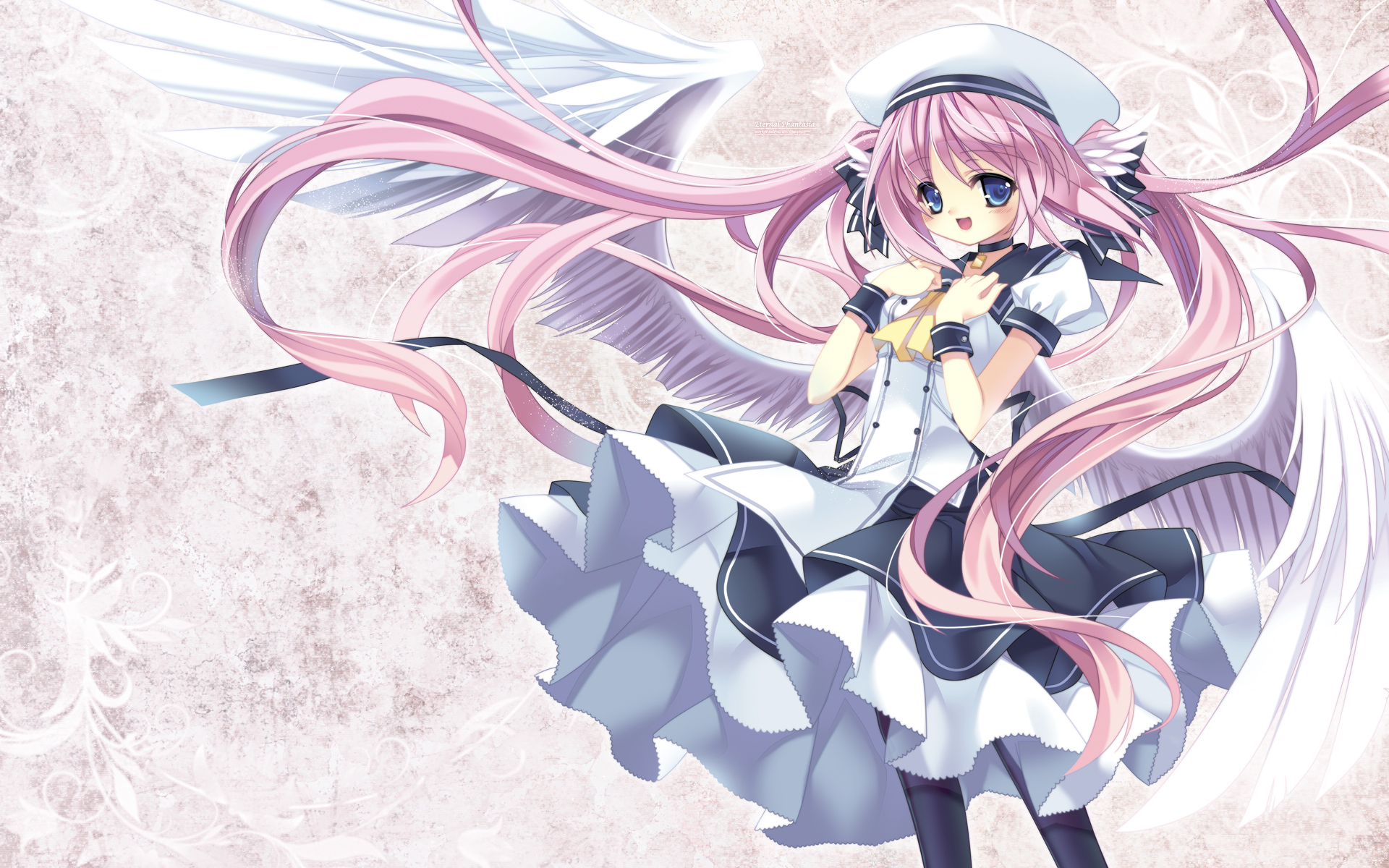 capura lin, original, highres, 1girl, angel, blue eyes, female focus, hat, long hair, pantyhose, pink hair, skirt, solo, very long hair, wings
