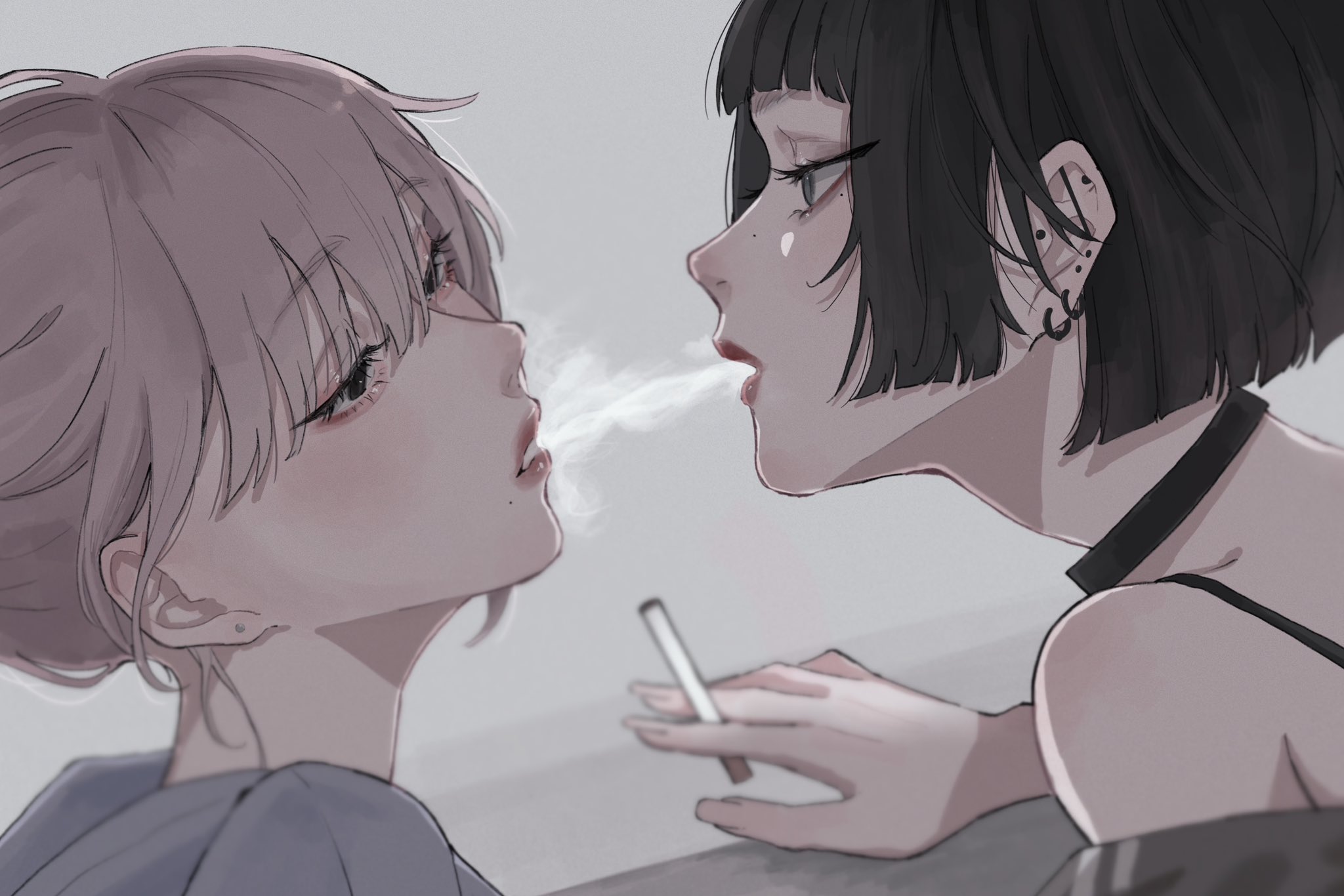 tamori (tamori www), original, highres, 2girls, aegyo sal, barbell piercing, black eyes, black hair, blonde hair, blowing smoke, blunt ends, blurry, bob cut, bra strap, choker, cigarette, depth of field, double vertical stripe, ear piercing, earrings, fingernails, grey background, grey eyes, grey jacket, grey kimono, hair bun, holding, holding cigarette, industrial piercing, jacket, japanese clothes, jewelry, kimono, long fingernails, looking at another, looking at viewer, loose clothes, mole, mole on nose, mole under mouth, multiple girls, parted lips, piercing, red lips, single hair bun, smoke, smoking, stud earrings, track jacket