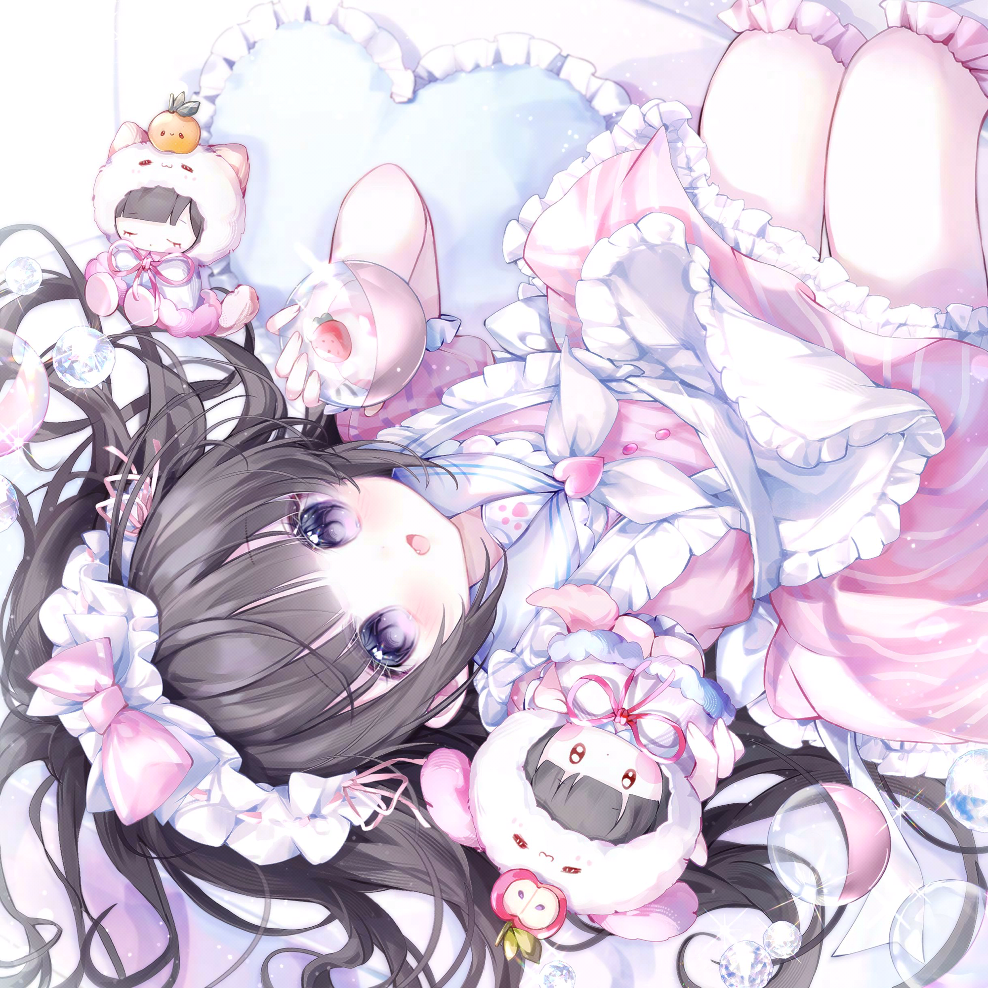 camao, original, highres, 1girl, apron, black hair, blunt bangs, blush, bow, dress, food, frilled apron, frilled dress, frills, fruit, hair bow, heart, holding, long hair, looking at viewer, lying, maid, maid headdress, neckerchief, on back, open mouth, pillow, pink bow, pink dress, puffy short sleeves, puffy sleeves, purple eyes, ribbon, short sleeves, smile, solo, stuffed toy, white apron, white bow