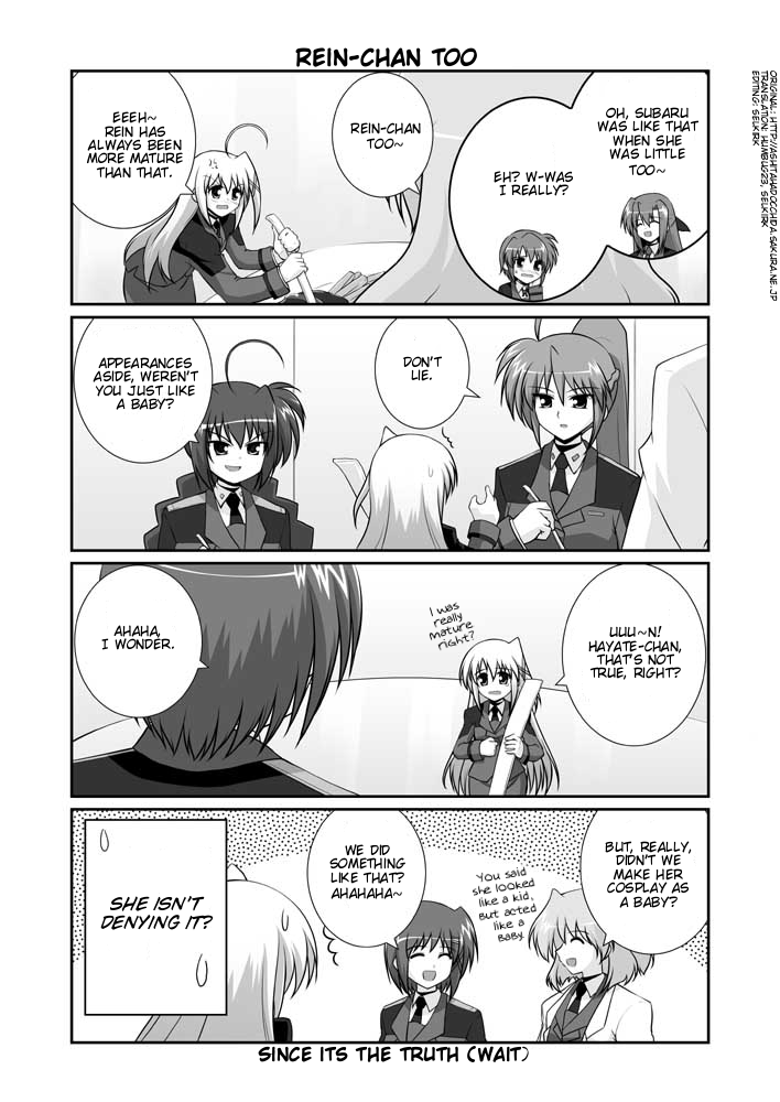 mikage takashi, ginga nakajima, reinforce zwei, shamal, signum, subaru nakajima, vita (nanoha), yagami hayate, lyrical nanoha, mahou shoujo lyrical nanoha, mahou shoujo lyrical nanoha strikers, hard-translated, third-party edit, translated, 00s, 6+girls, ahoge, anger vein, braid, closed eyes, comic, english text, greyscale, hair ornament, lab coat, military, military uniform, mini person, minigirl, monochrome, multiple girls, ponytail, siblings, sisters, sweatdrop, trembling, twin braids, x hair ornament
