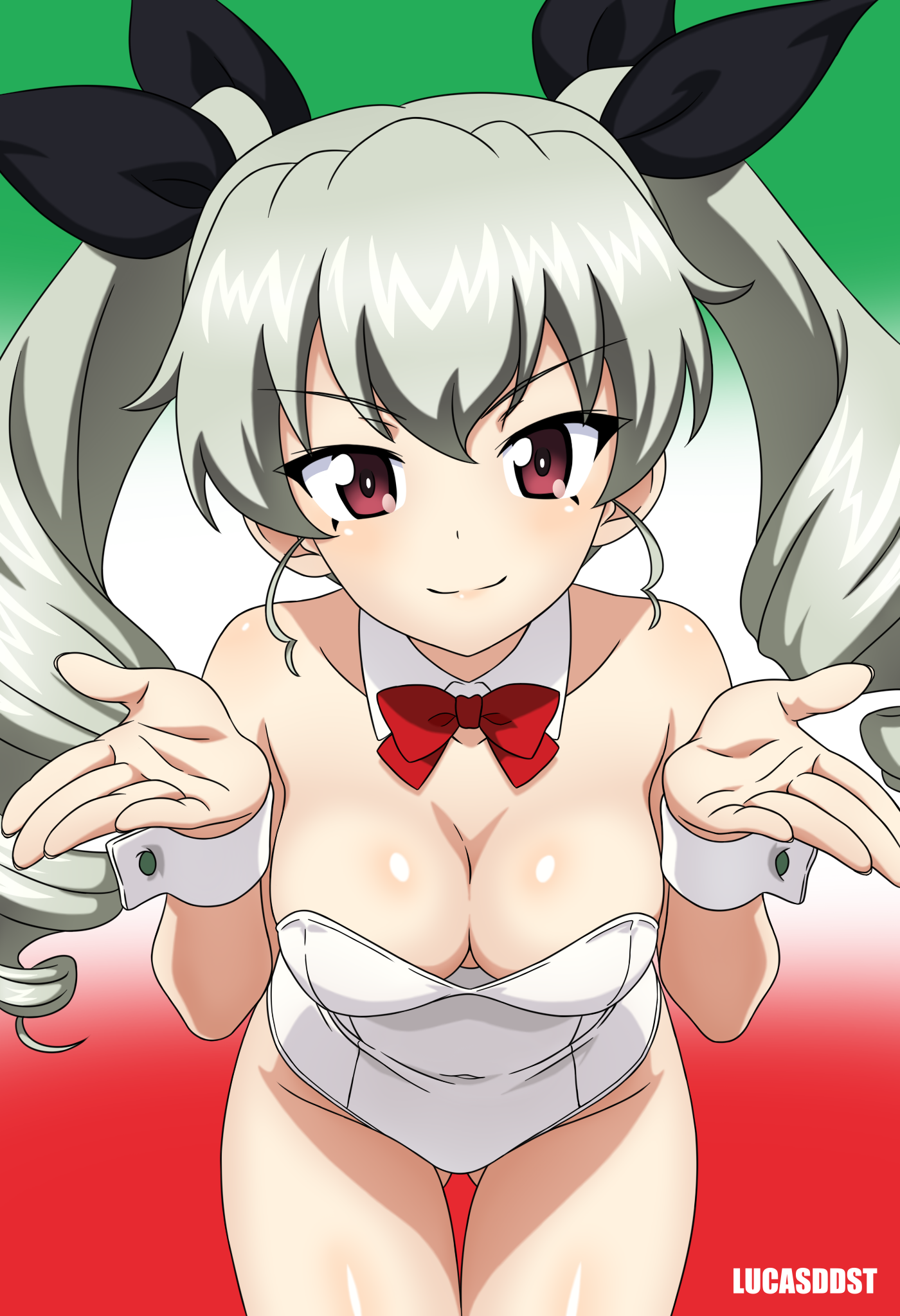 lucasddst, anchovy (girls und panzer), girls und panzer, commentary, english commentary, highres, 1girl, animal ear hairband, animal ears, bow, bowtie, breasts, cleavage, detached collar, drill hair, fake animal ears, green hair, hairband, leaning forward, leotard, long hair, medium breasts, palms up, red bow, red bowtie, solo, strapless, strapless leotard, twin drills, twintails, white leotard, wrist cuffs