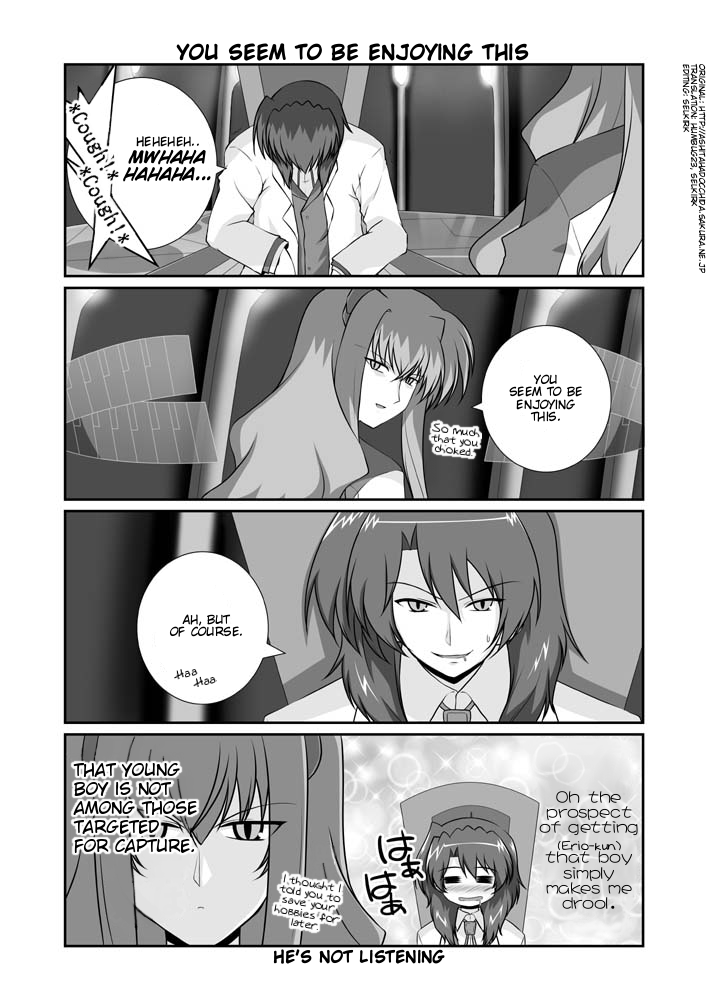 mikage takashi, jail scaglietti, numbers (nanoha), uno (nanoha), lyrical nanoha, mahou shoujo lyrical nanoha, mahou shoujo lyrical nanoha strikers, uniform, hard-translated, third-party edit, translated, 00s, 1boy, 1girl, = =, blush, comic, drooling, english text, greyscale, lab coat, monochrome
