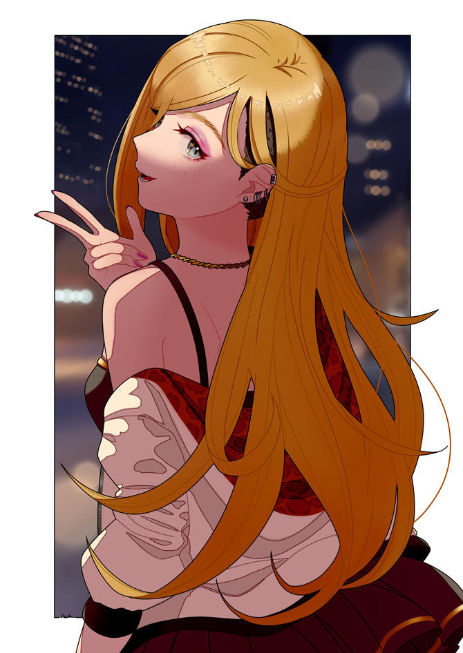 ich., fujimoto rina, idolmaster, idolmaster cinderella girls, commentary request, 1girl, blonde hair, border, breasts, ear piercing, earrings, eyelashes, jacket, jewelry, long hair, looking back, lower teeth only, nail polish, necklace, off shoulder, open clothes, open jacket, open mouth, piercing, pink nails, skirt, smile, solo, teeth, undercut, upper body, w, white border