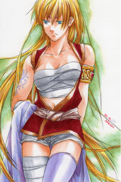teshirogi shiori, crane yuzuriha, saint seiya, saint seiya: the lost canvas, bandages, blonde hair, blue eyes, bracelet, breasts, cleavage, facial mark, forehead mark, gold, jewelry, lemurian, long hair, navel, sarashi, solo, thighhighs