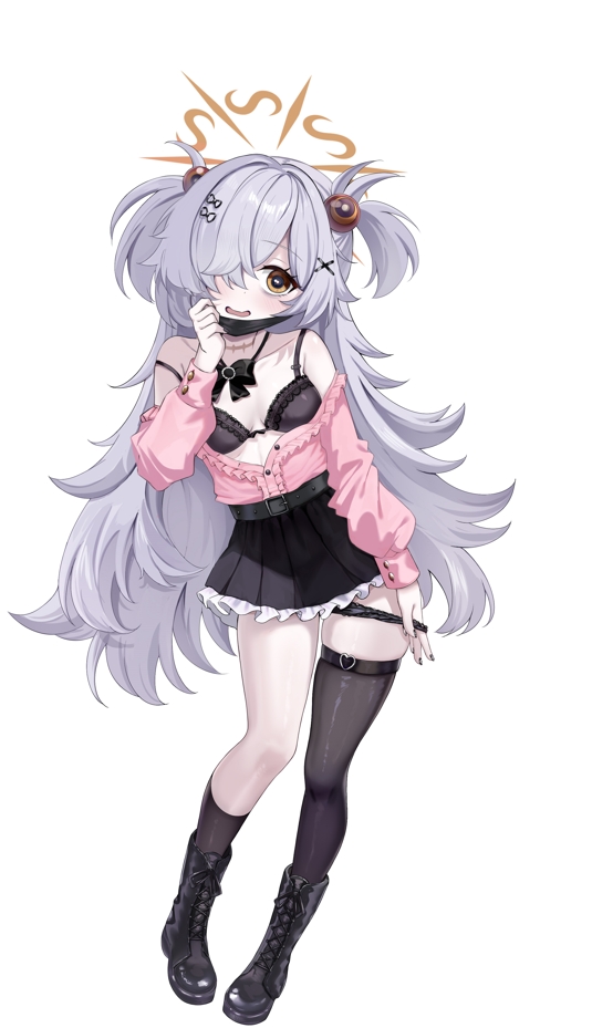 rinringyo, kanoe (blue archive), blue archive, fluffy hair, 1girl, alternate costume, black boots, black bow, black bowtie, black bra, black mask, black panties, black skirt, boots, bow, bowtie, bra, brown halo, center frills, contrapposto, frilled skirt, frills, full body, hair over one eye, halo, jirai kei, long hair, looking at viewer, mask pull, panties, panty pull, partially unbuttoned, pulling own clothes, scar, scar on neck, single thighhigh, skirt, solo, strap slip, thigh strap, thighhighs, two side up, underwear, white background