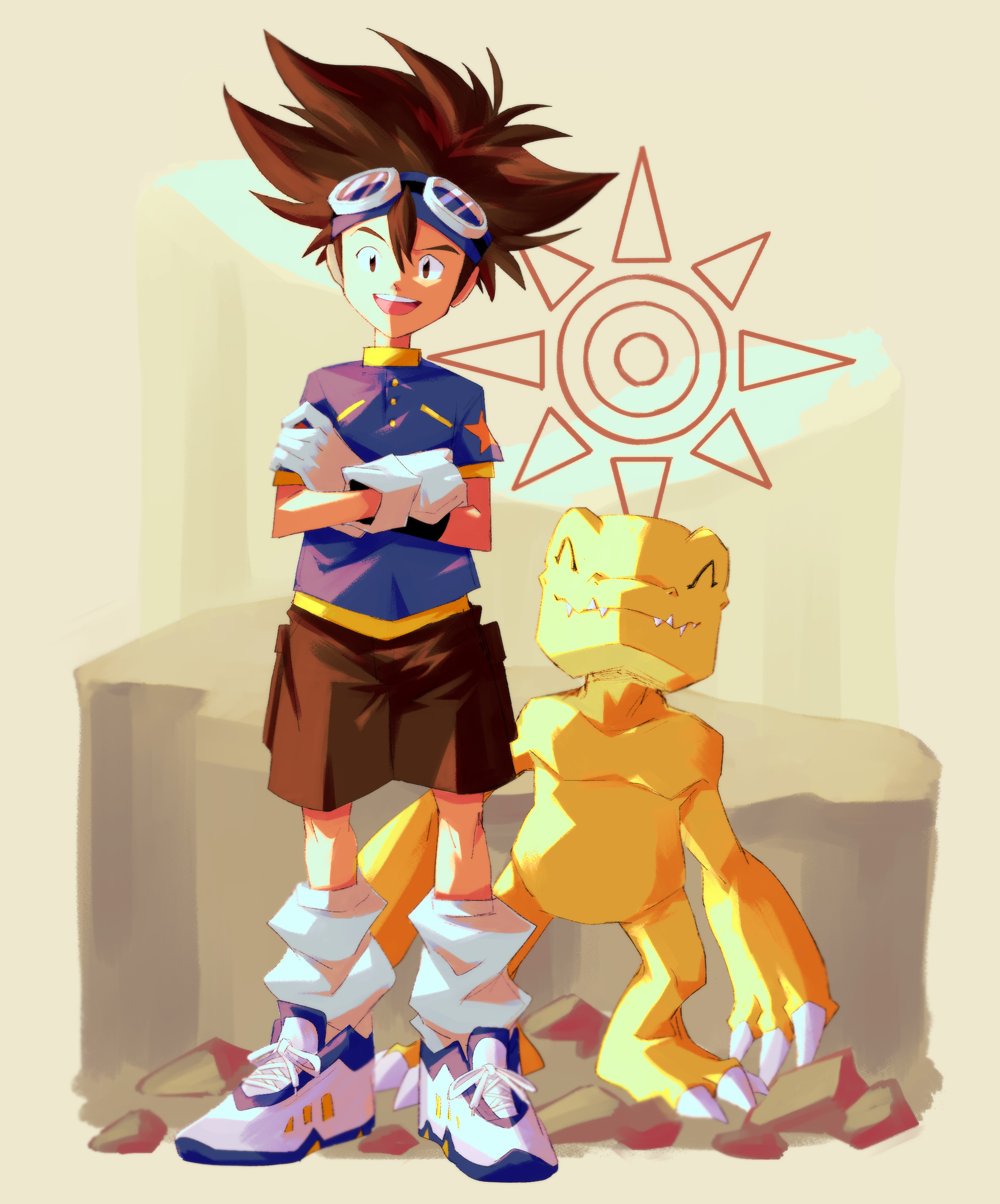 hiffuu, agumon, digimon, digimon adventure, absurdres, character request, highres, 1boy, brown hair, digimon (creature), dinosaur, full body, gloves, loose socks, shoes, short sleeves, sneakers, socks, spiked hair, standing, white gloves