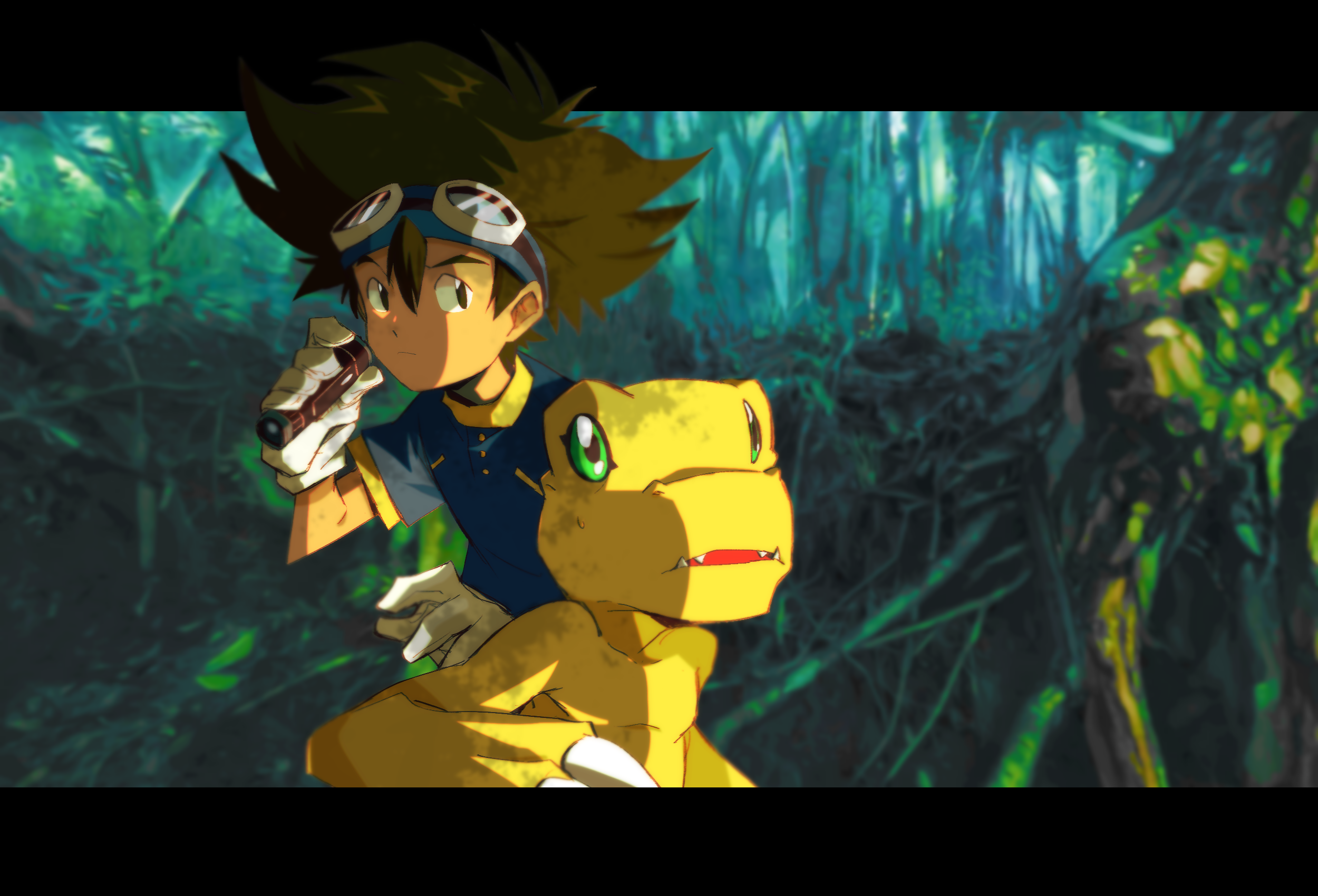 hiffuu, agumon, digimon, digimon adventure, highres, 1boy, brown hair, colored skin, gloves, goggles, goggles on head, jungle, nature, short sleeves, upper body, white gloves, yellow skin